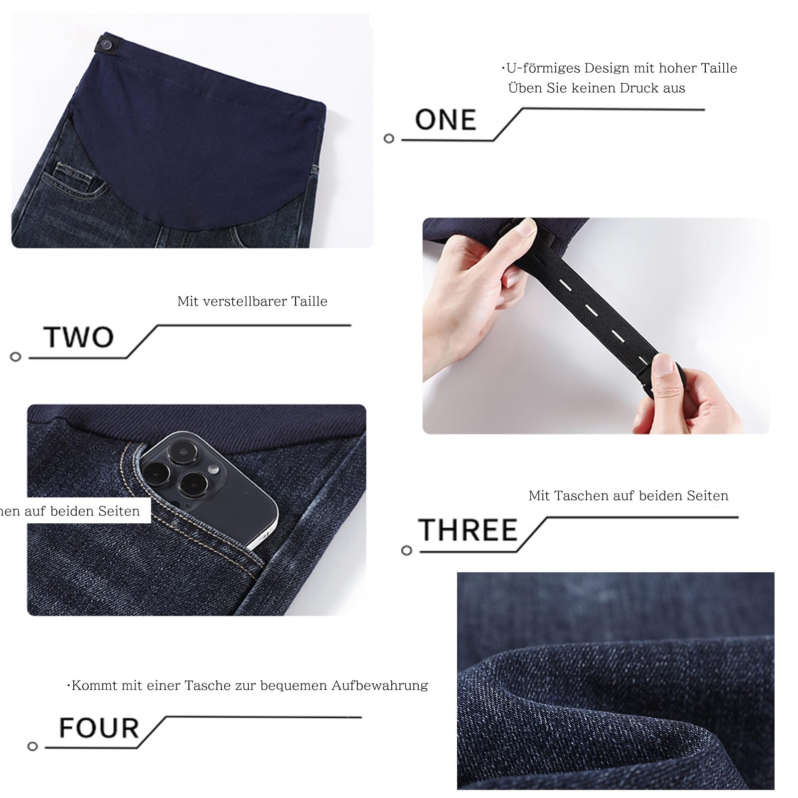 Umstandsjeans, Hose mit weitem Bein, verstellbare Taille, Taschen, modisch und elegant, geeignet für Mädchen unter 170 cm