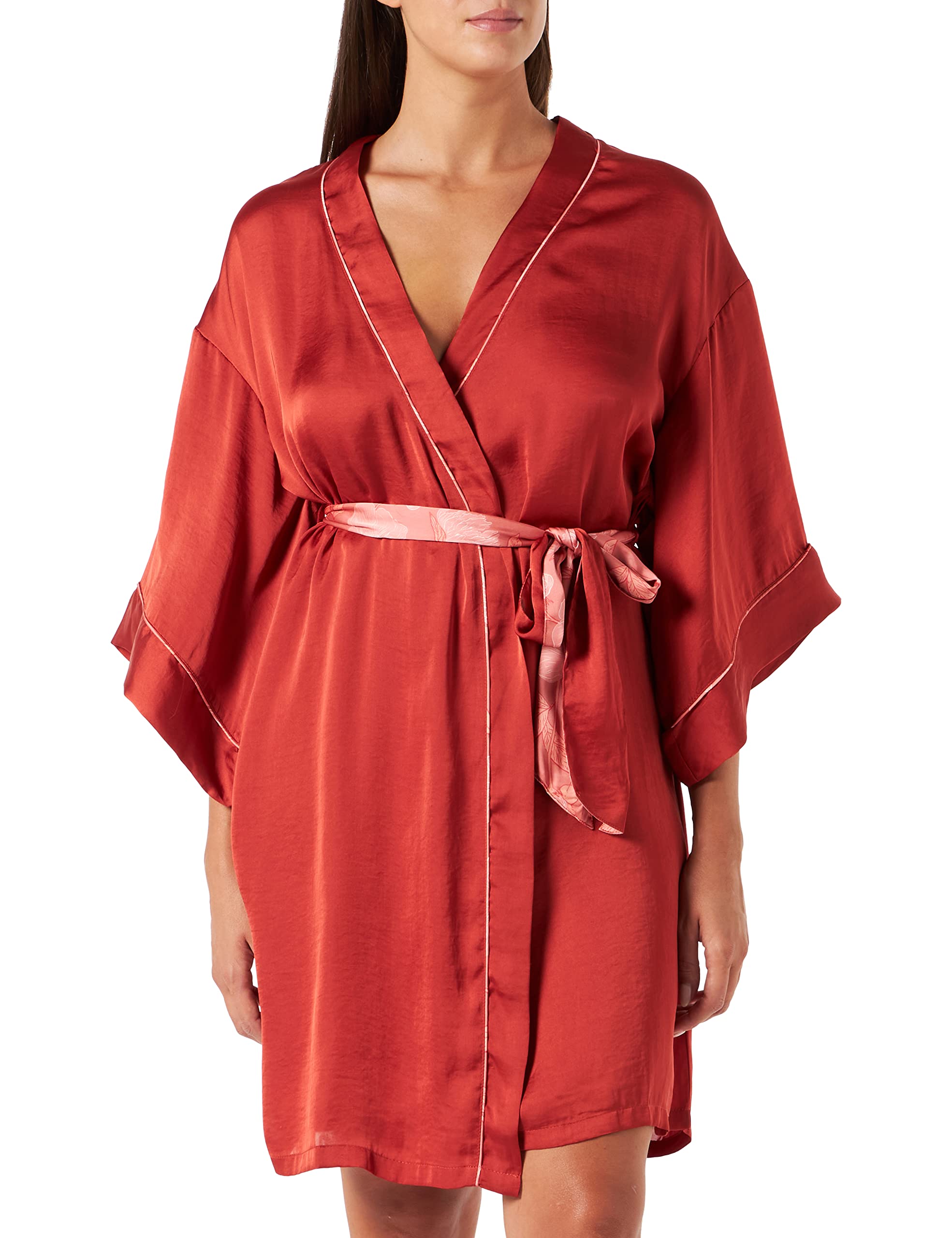 Women's Solid Polyester Satin Cross Midi Robe and Kimono Sleeves