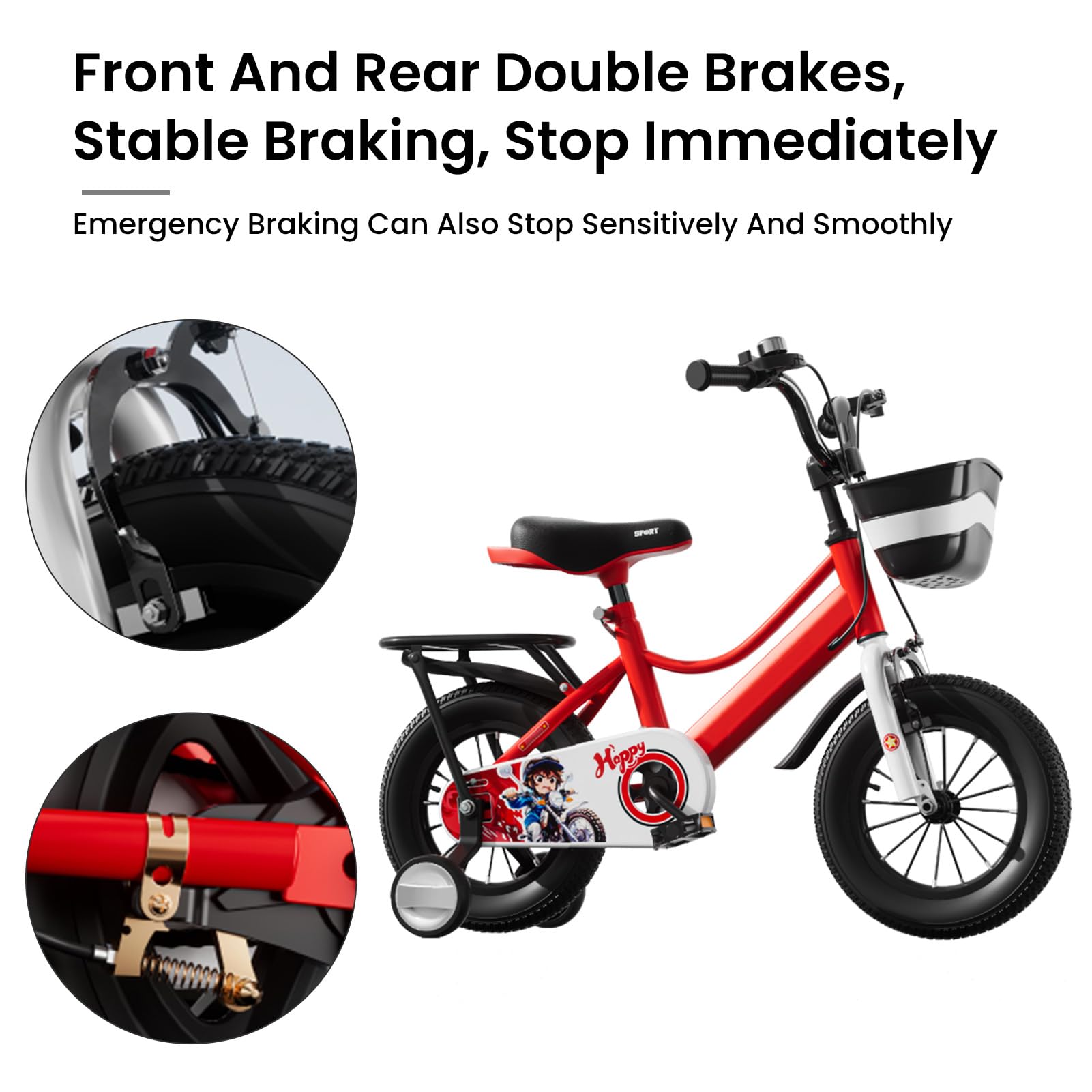Fockety Rower Dziecięcy, Rower Dziecięcy z Trójkątnymi Stałymi Kołami Pomocniczymi, Podwójne Hamulce z Przodu z Tyłu, Całkowicie Zamknięta Osłona łańcucha, dla Chłopców Dziewcząt w Wieku