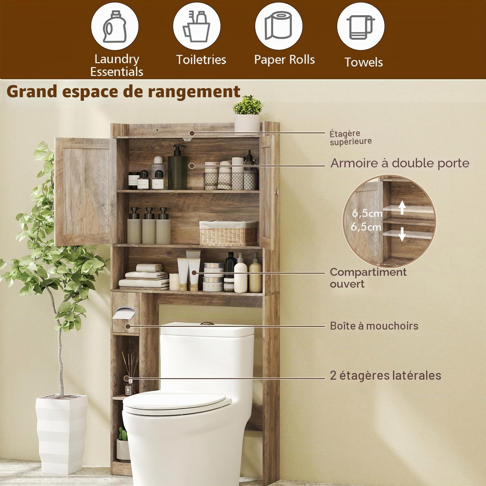 LIFEZEAL Armoire de Salle de Bain au-Dessus des Toilettes, Meuble de Rangement Gain de Place avec Barre Réglable et Porte-Papier Toilette Intégré, Étagère WC pour Salle de Bain (Brun Clair)