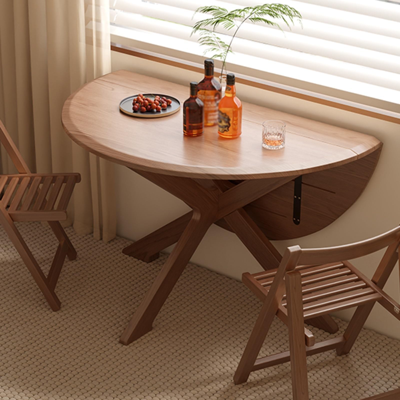 Round Folding Dining Table Wood Kitchen Table for Small Spaces,Farmhouse Dinner Table with Wooden Tabletop and Base, for Kitchen Living Room(Brown,80CM/31.5IN)