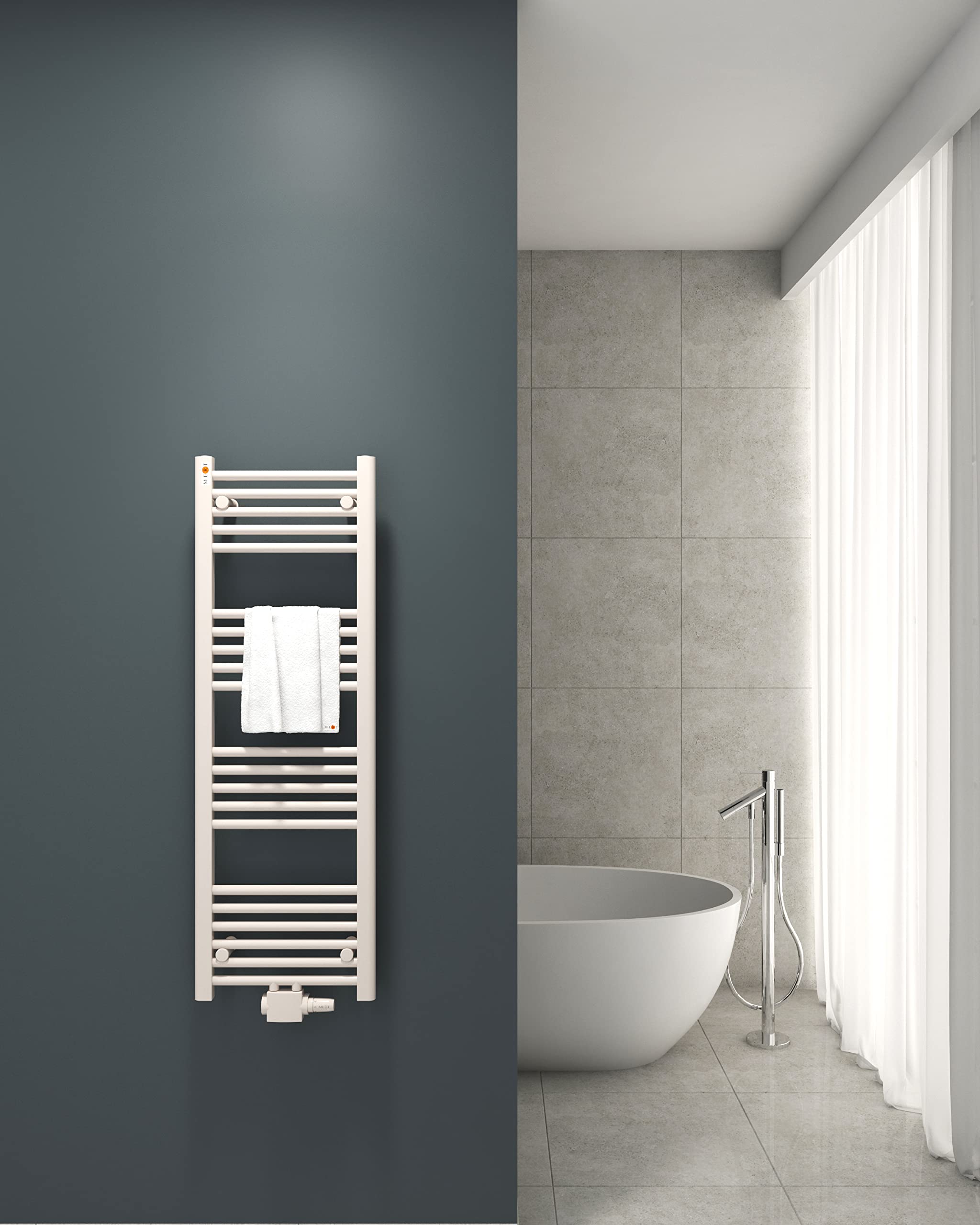 Mert Heizung mit Thermostat Fernwärme Warmwasser Bad-Heizung 1200x400 Bad-Heizkörper 1/2 Zoll Mittelanschluss 50 mm weiß Handtuchhalter für Wandmontage