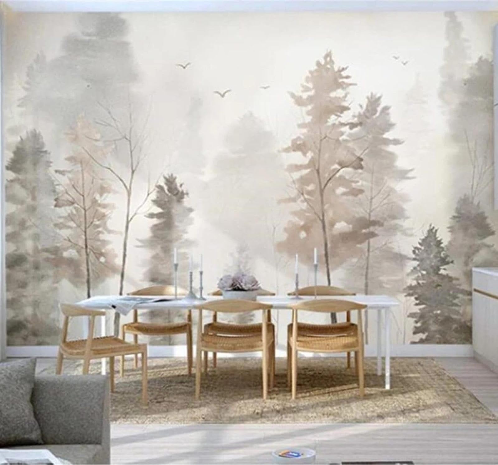 Tzxztt Hand Painted Ink Wash Woodland Birds in Flight Natural Scenery Modern 3D Wallpaper Premium Textured Silk Neutral Tones Material Ideal for Living Room Bedroom-250cm×170cm