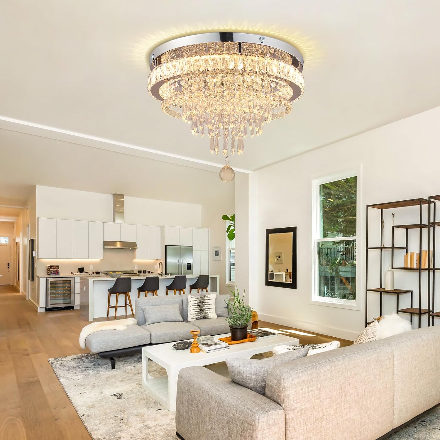 FRIXCHUR 19.7" Crystal Chandelier Crystal Ceiling Light Modern LED Flush Mount Chandeliers Light Fixture for Bedrooms Living Dining Room 2700K/4000K/6500K Changeable Color
