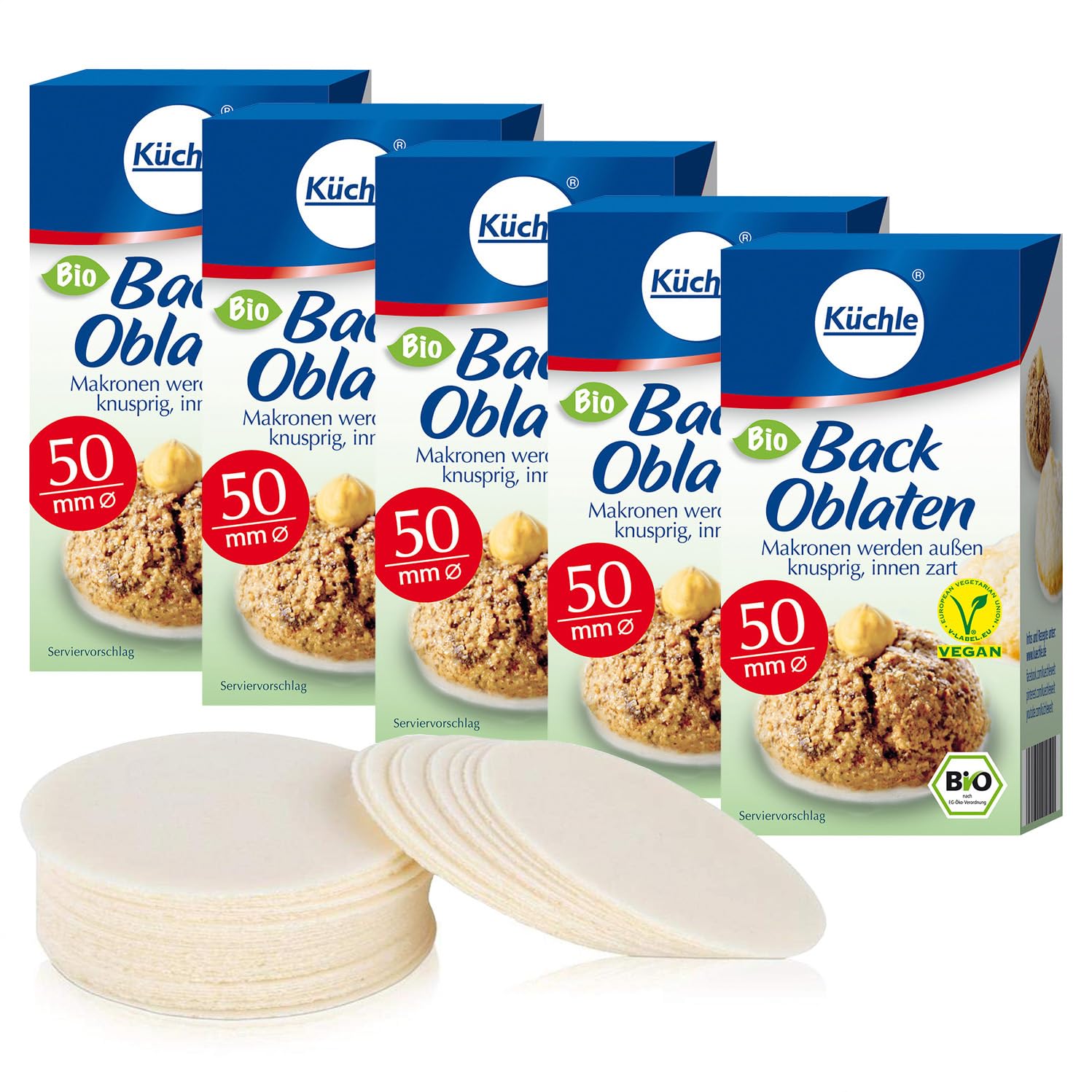 Küchle runde Back Oblaten Bio Vegan 50mm 37g pro Packung 5er Pack Esspapier zum Backen von Makronen & Lebkuchen