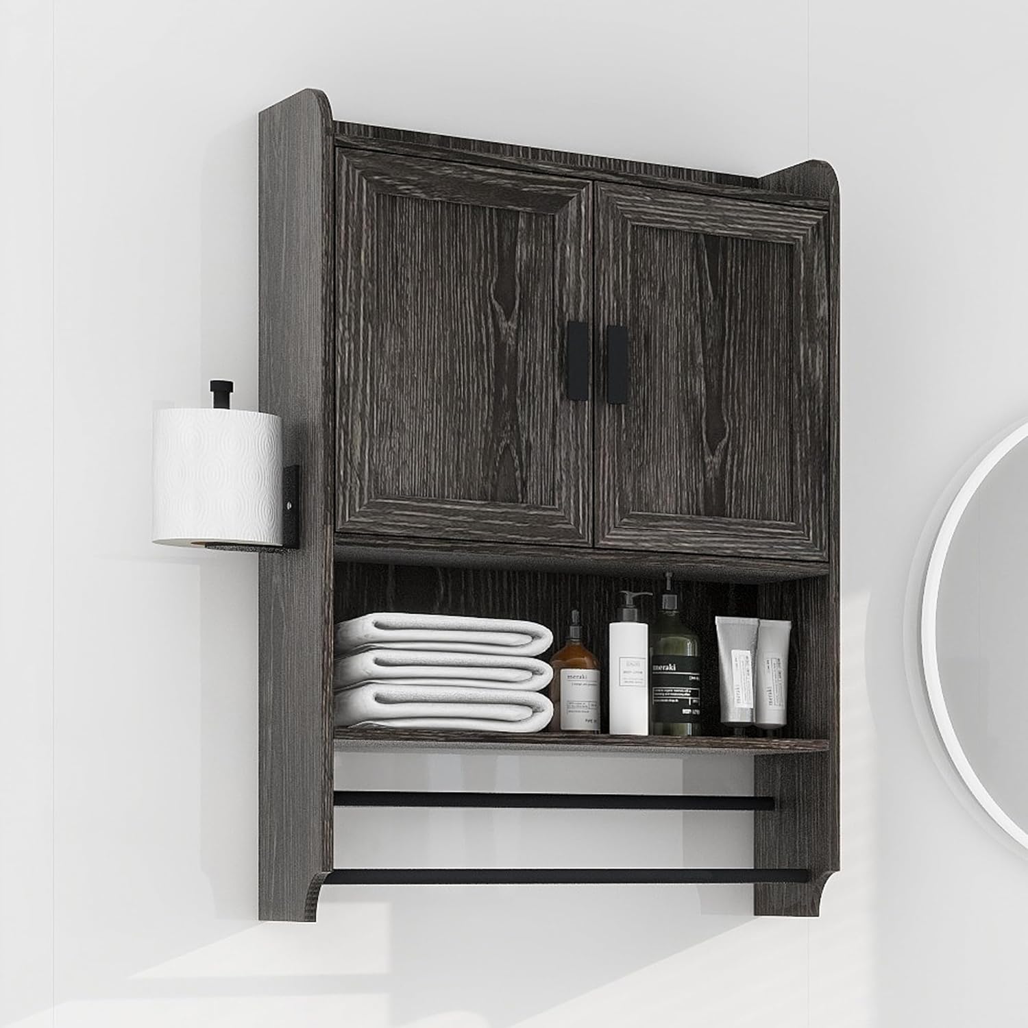 Bathroom Wall Medicine Cabinet over the Toilet Storage Cabinet Wall Mounted with Doors,Adjustable Shelf,Towel Bar and Paper Holder,Medicine Cabinet for Bathroom Rustic Grey Large 22''LX7.5‘’WX32.5‘’H