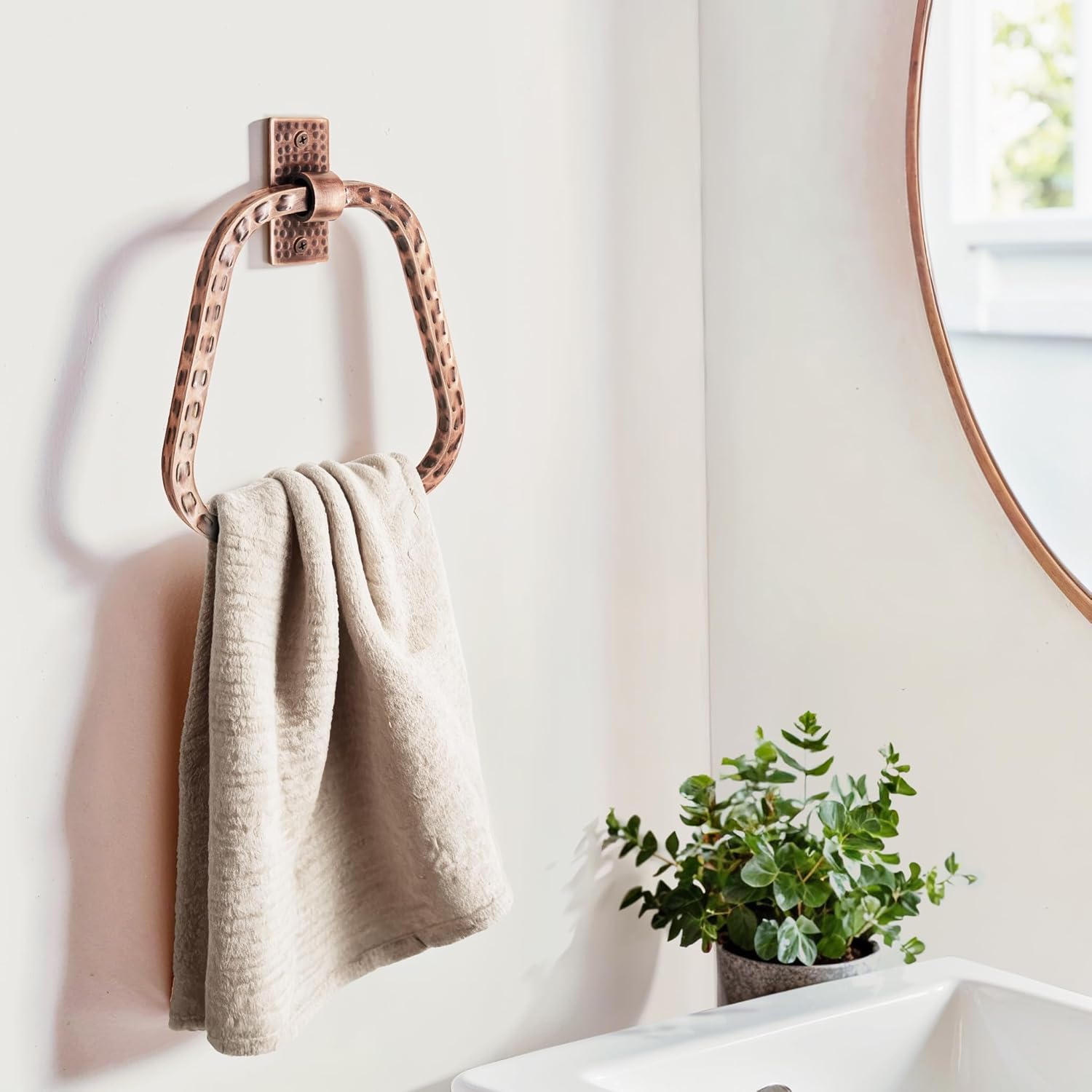 Monarch Abode Bathroom Towel Holder – 7-Inch Round Antique Copper Bathroom Hand Towel Holder for Bathrooms Wall, Metal Hand Hammered Towels Ring Wall Mount, Modern Surface-Mounted Ring Hanger