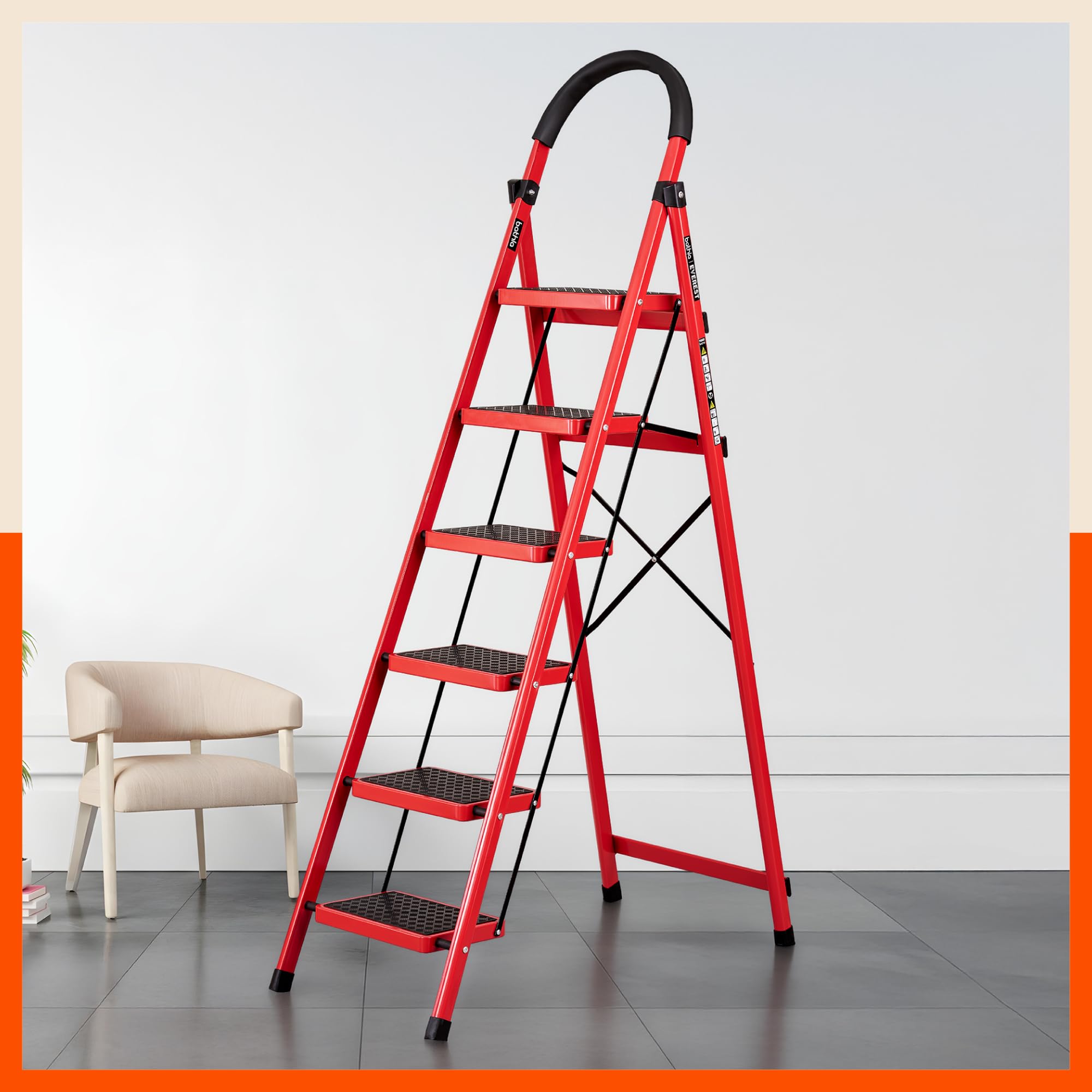 Bathla Everest 5-Step Steel Ladder with Safety Hand Grip | Anti-Skid Wide Steps (30L x 20W cm) | Lightweight, Foldable Ladder for Home & Office | 150Kg Load Capacity | 2 Year Warranty (Red) — Amazon image 10