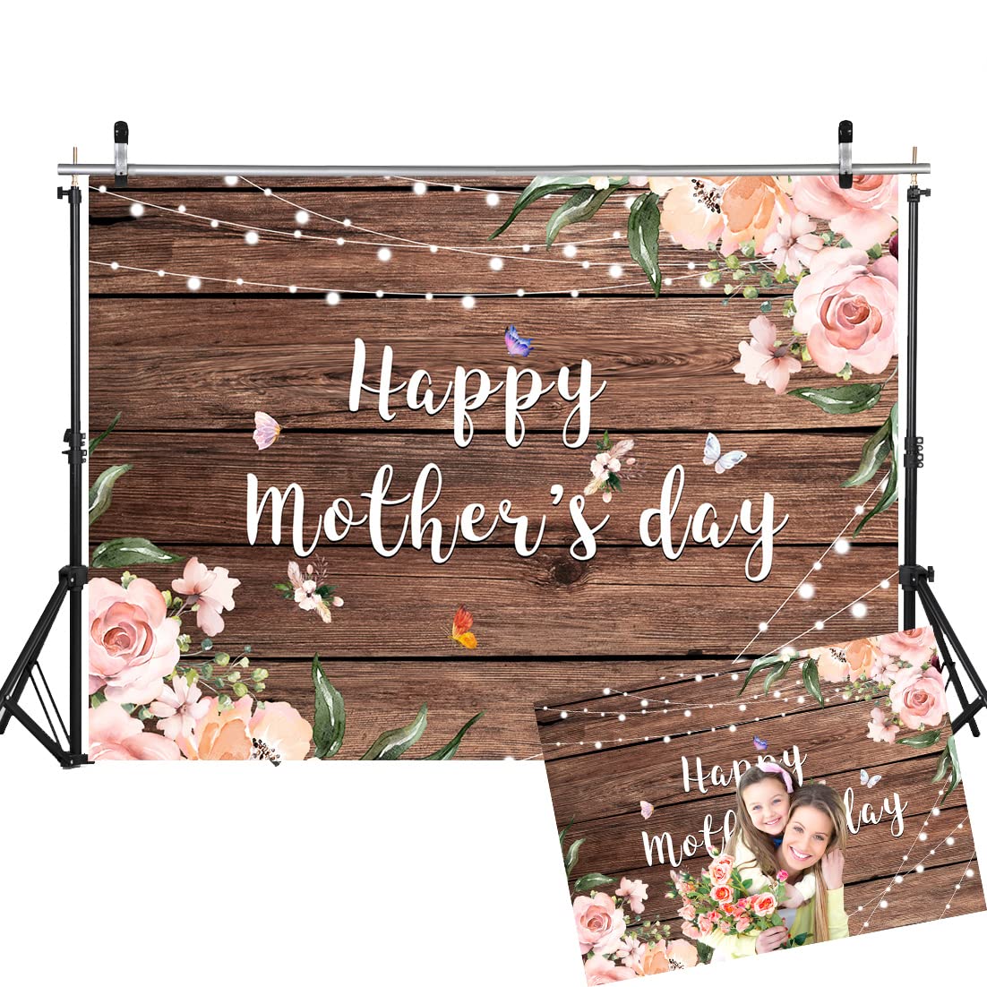 WOLADA Mothers Day Backdrop Happy Mother's Day Photography Backdrop Brown Wooden Background 7x5FT 12445