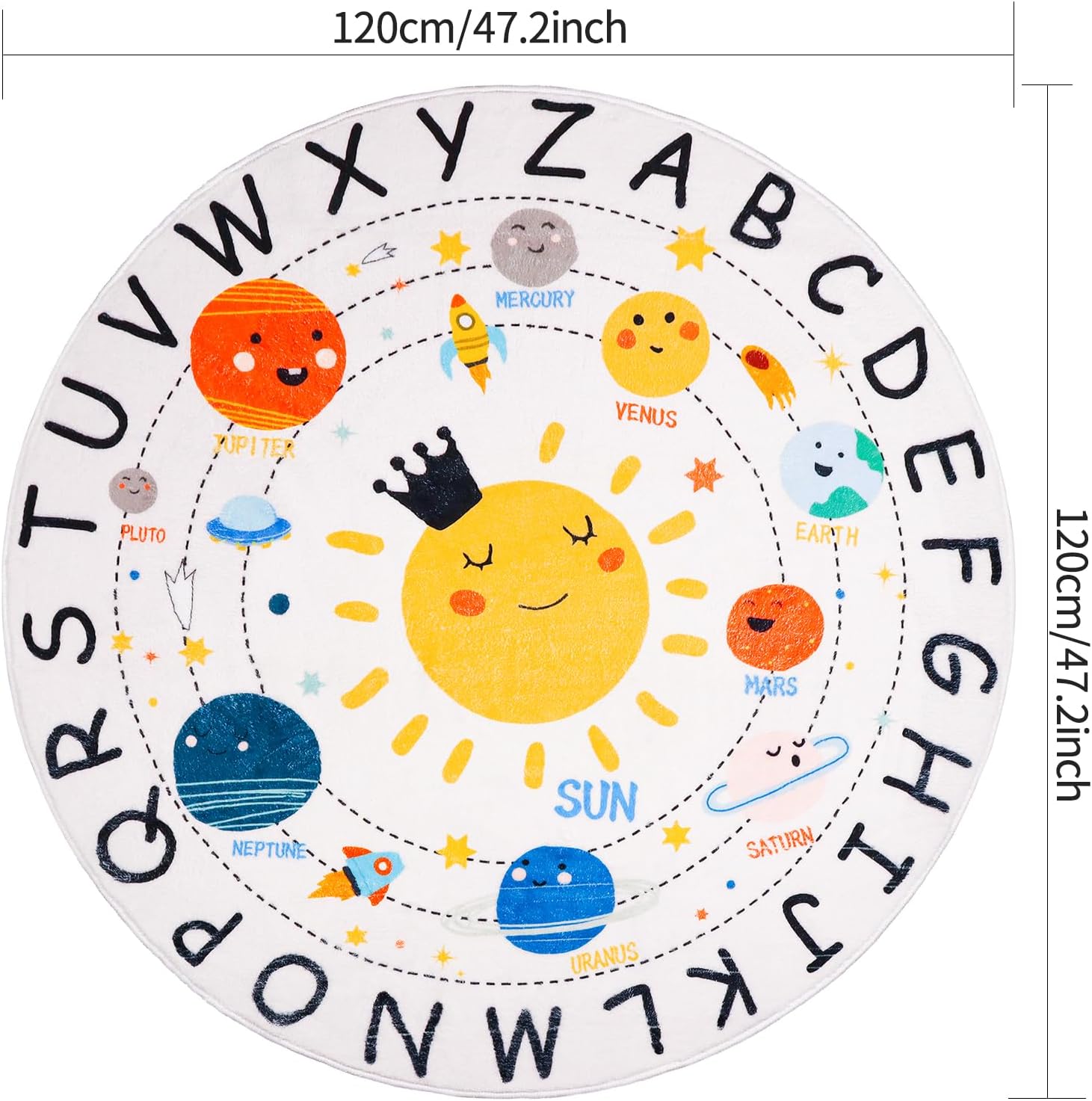ABC Kids Rug,4 ft Washable Nursery Rug,Soft Plush Educational Circle Rug,Non-Slip Solar System Alphabet Rugs for Classroom playroom Bedroom Kids Room Decor