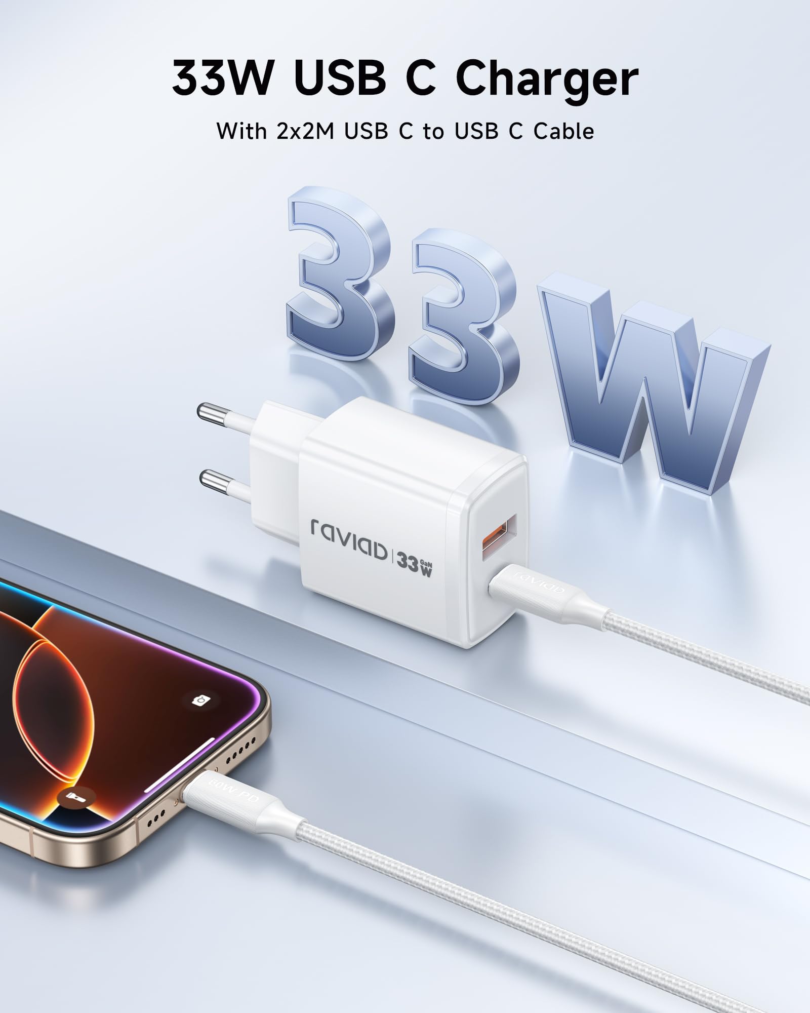 RAVIAD Caricatore USB C Rapido 2 Pezzi, 33W 2 Porte GaN Presa USBC Caricatore Caricabatterie con 2M Cavo USB C per iPhone 16 15 Pro Max, Galaxy S25 S24 S23, iPad, Spina Alimentatore Caricabatterie