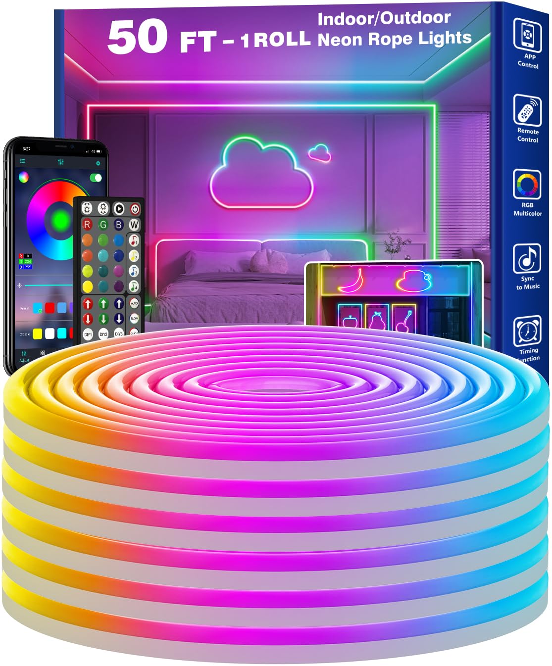 RCUICA 50FT LED Neon Rope Lights Waterproof with Smart App Control Remote,DIY Scene Modes,Music Sync hronization,Eaves Lights for Garden Decor,Deck,