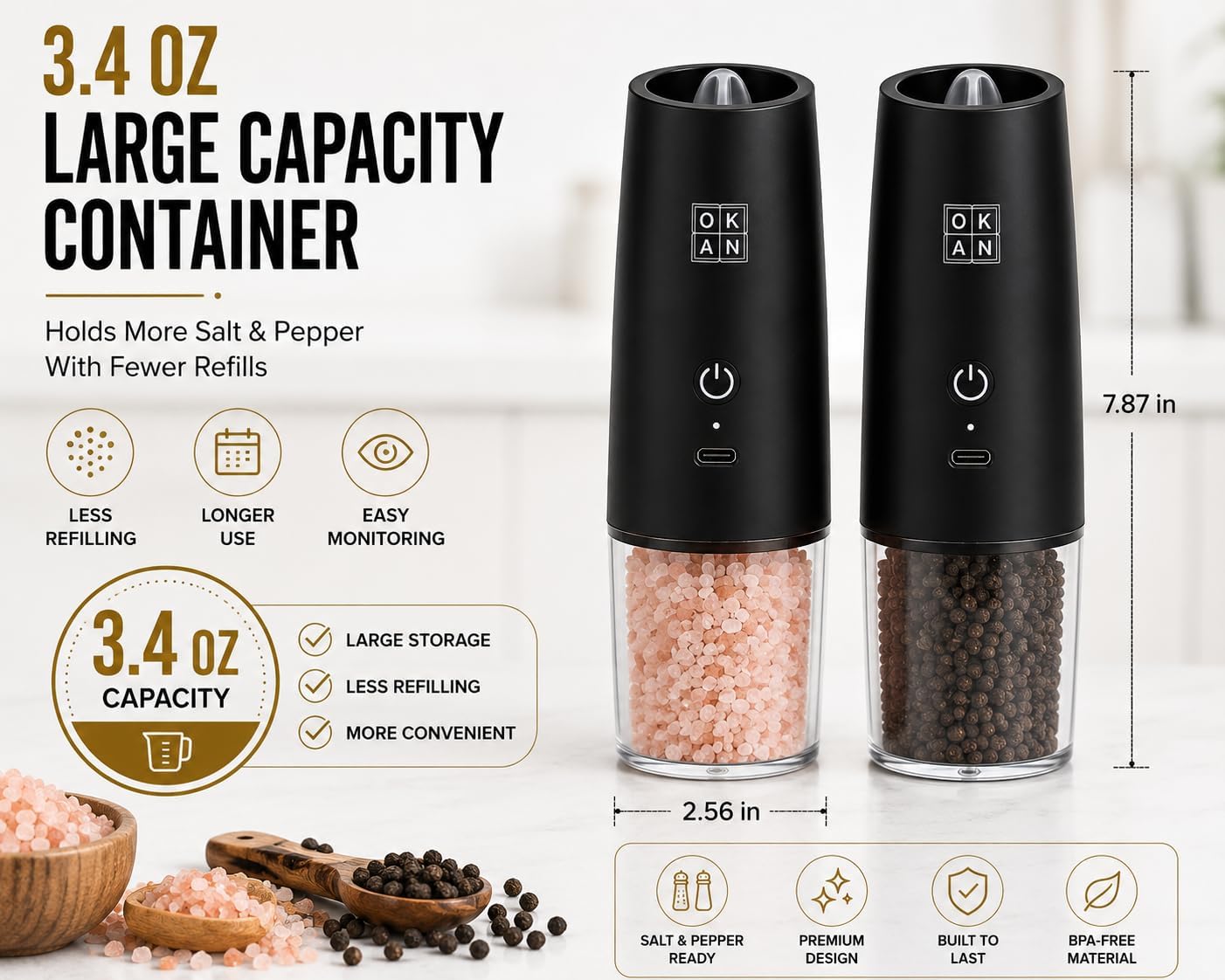 Gravity Electric Salt and Pepper Grinder Set, USB-C Rechargeable, Automatic Tilt-to-Grind, Adjustable Ceramic Grinder, LED Light, One-Hand Operation, 3.4 Oz Capacity.