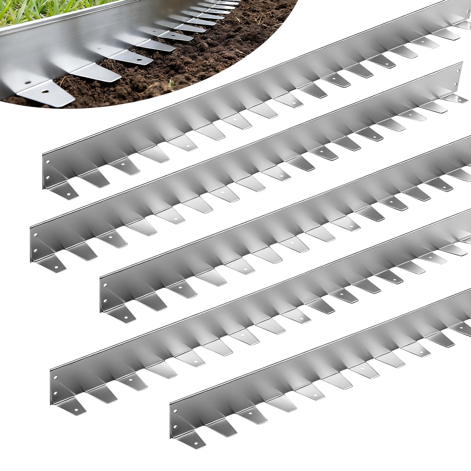 Victoam 5 Pack 1m Metal Lawn Edging Border, 5cm Tall Cortenstahl Rasenkante, Easy Assembly, Robust Stay-in-Place Design, Beeteinfassung Metall for Flower Bed Edging Mowing Edge Palisade (Silver)