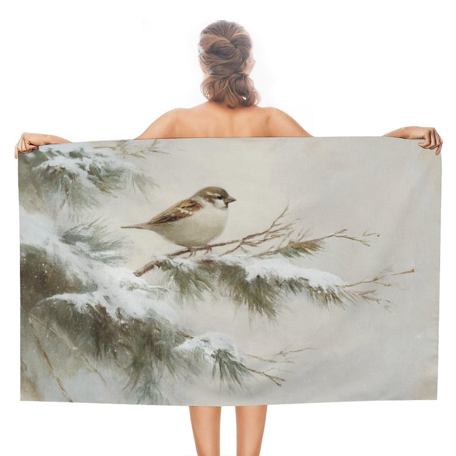 LSRCPD Vintage Sparrow Perched on An Evergreen Branch Beach Towel Sand Free Microfiber Large Shower Towels Multipurpose Absorbent for Bathroom Pool 130x80 CM