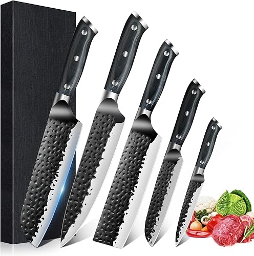 Dfito Juego de cuchillos de cocina, juego de cuchillos de chef forjados a mano, juego de cuchillos profesionales ultra afilados, acero inoxidable de