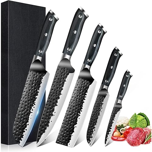 Dfito Kitchen Knife Set, 5 Pieces Hand Forged Chef Knife Set, Ultra Sharp Professional Knife Set, High Carbon Stainless Steel with Ergonomic Handle for Home Kitchen Restaurant