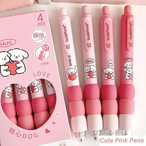 Miniatura 2 de MOZXIRZ 4 bolígrafos de gel estéticos retráctiles, de dibujos animados, de agarre suave, bolígrafo de tinta negra kawaii, suministros para niñas,
