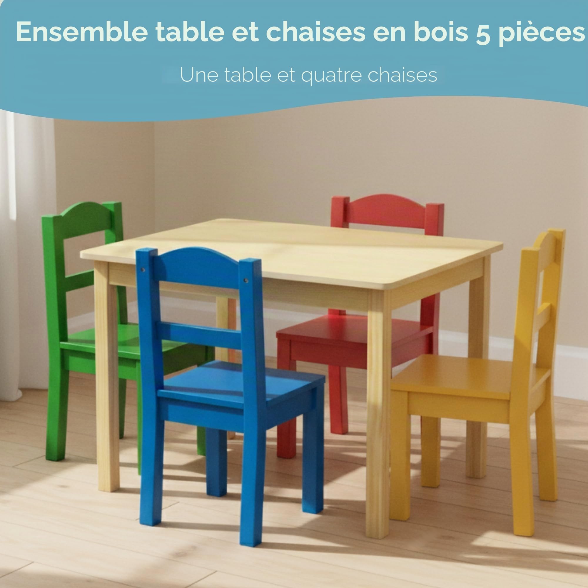 Humble Crew Ensemble Table carrée et 4 chaises en Bois pour Enfant, Bois Naturel/Couleurs primaires
