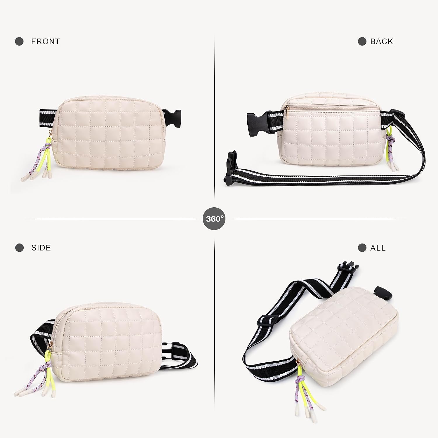 Viva Terry Puffer Bag Quilted Belt Bag Small Puffy Fanny Pack for Woman Running Traveling Hiking Workout Sports with Adjustable Strap-White