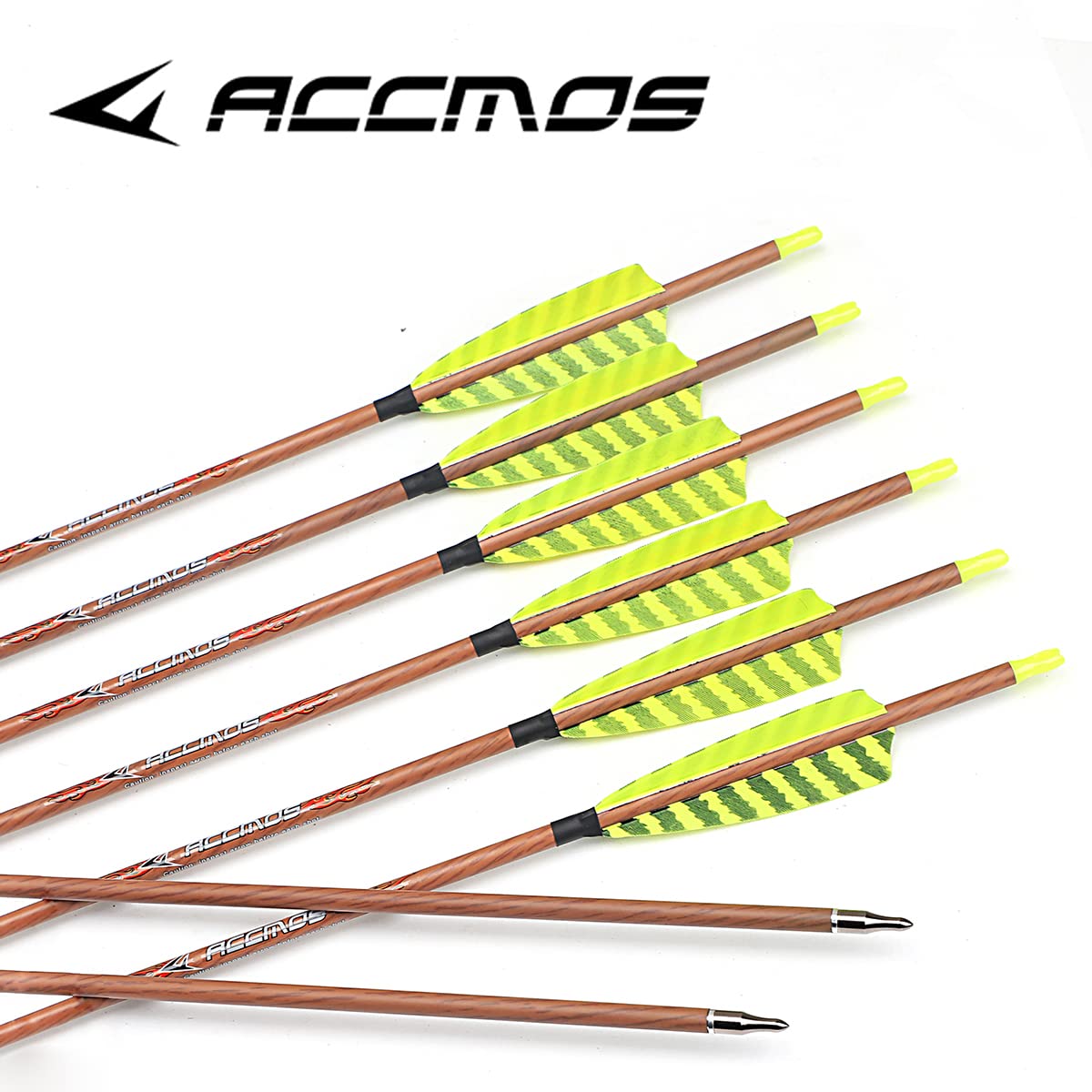 ACCMOS ID 6,2 mm Grana del Legno Frecce in Carbonio 4" Strisce Gialle Piuma Spine 350 400 500 600 700 Frecce da Caccia per Tiro con L'Arco 6 Pezzi (31inch, Spine 600)