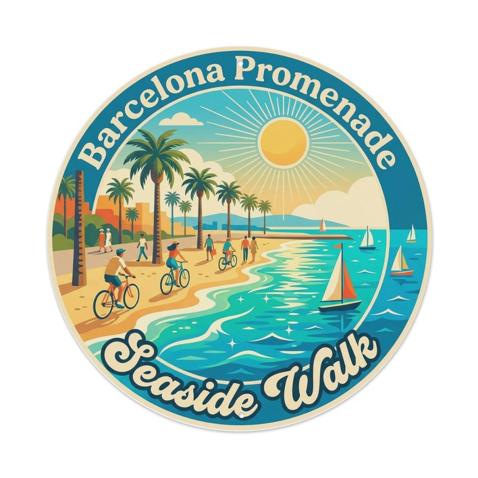 Vintage Barcelona Promenade Mediterranean Spanish Culture Metal Tin Sign Plaque Wall Decor for Cafe, Man Cave, Club Bar, Office, Home Garden Round Metal Poster 8x8Inch