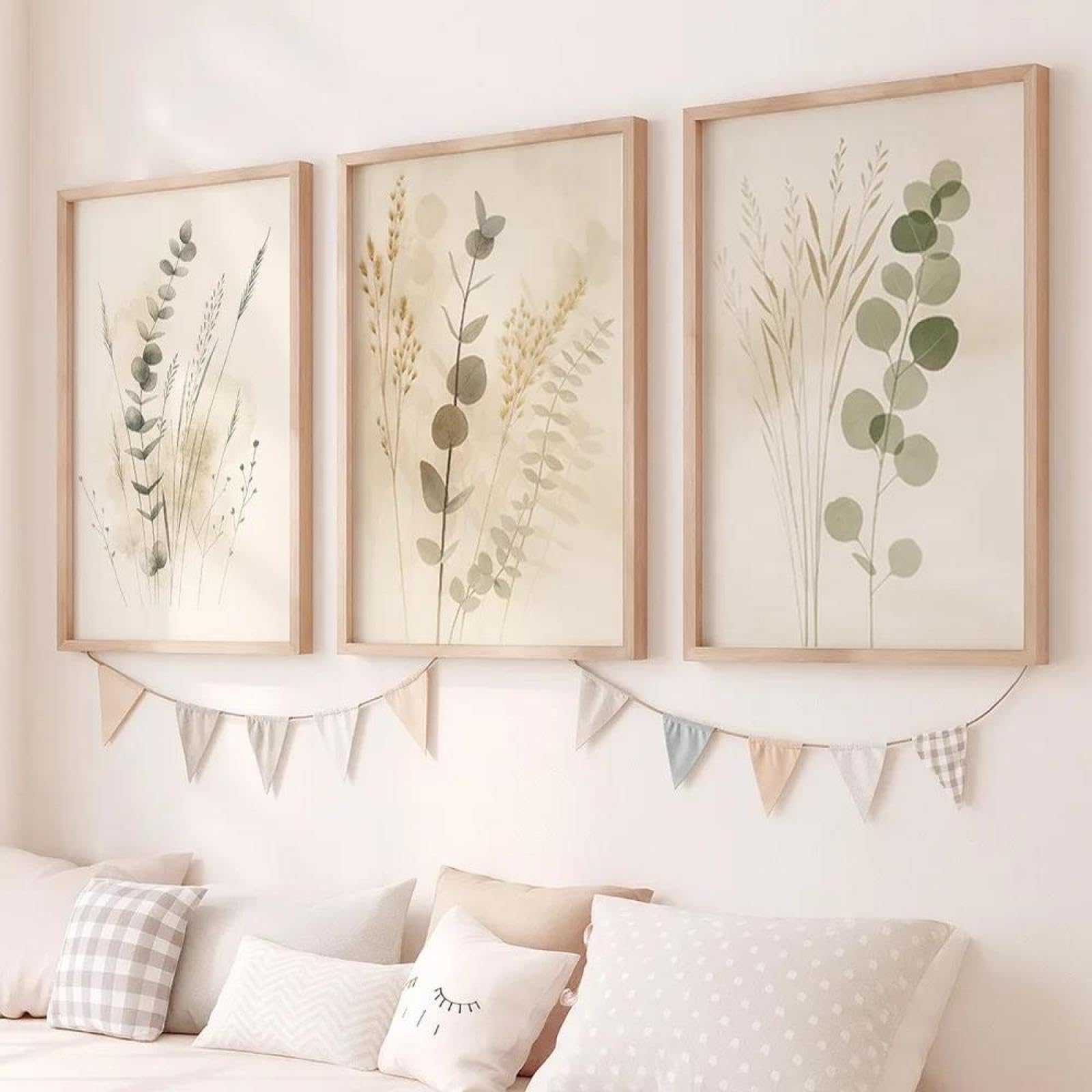 Baibexing Zielony i beżowy minimalistyczny plakat przedstawiający roślinę, wydrukowany na płótnie, idealny do dekoracji salonu i domu. 60 x 80 cm x 3 szt. bez ramki