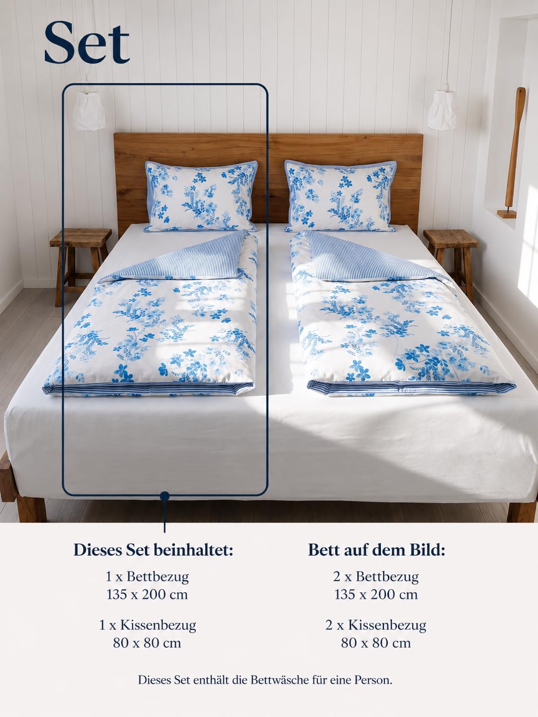 Sommer Bettwäsche Baumwolle 135x200 2 teilig Blau Blumen Gestreift | Leichte Sommerbettwäsche 135x200 aus Baumwolle für Mädchen und Kinder, mit 1 Kissenbezug 80x80. Ganzjährig angenehm.
