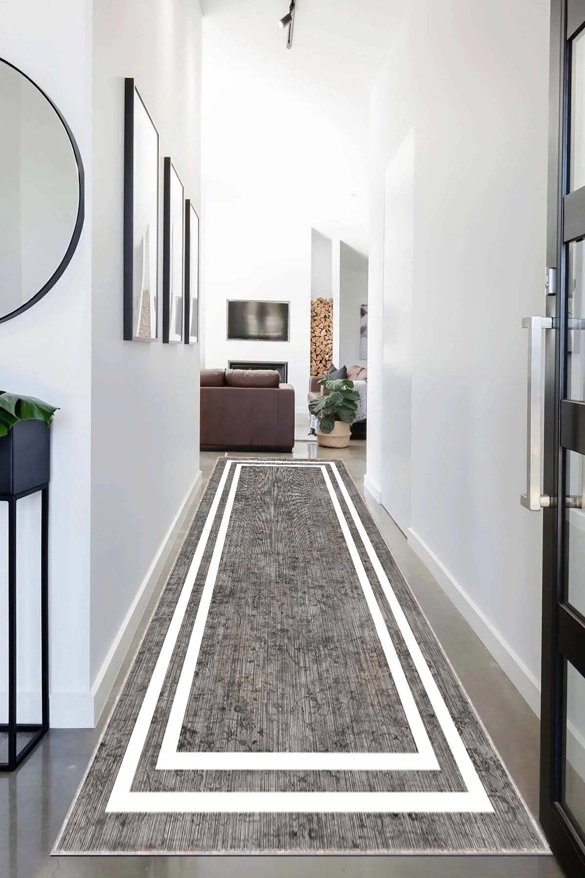 Pelangi Gri Zemin Beyaz Çerçeveli Düz Model Dijital Baskı Yıkanabilir Modern Salon Halı ve Yolluk, Gri 80 x 200, 95556270802007