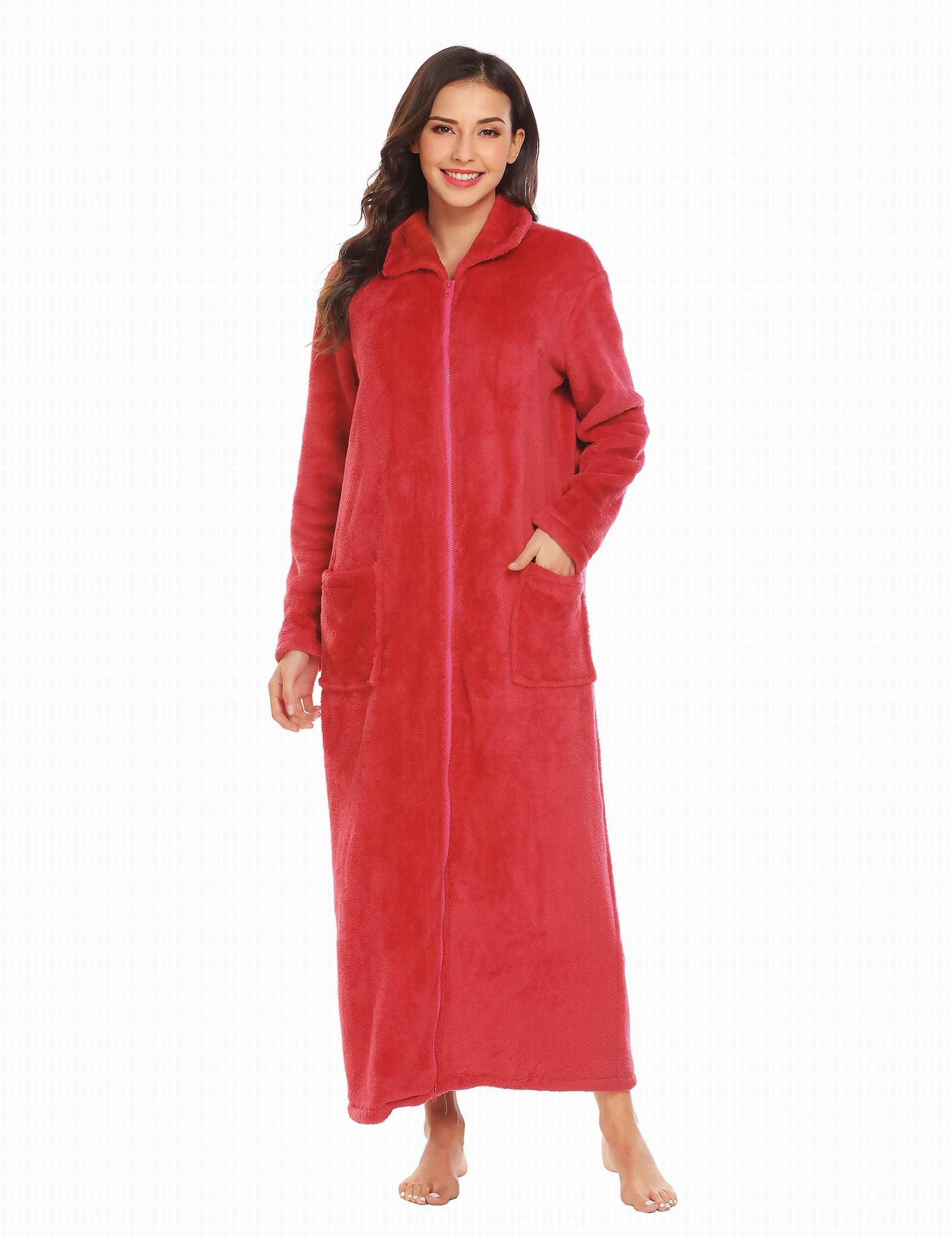 EkouaerWomen's Flannel Robe Zipper Front Robes Full Length Bathrobe(S-XXL)
