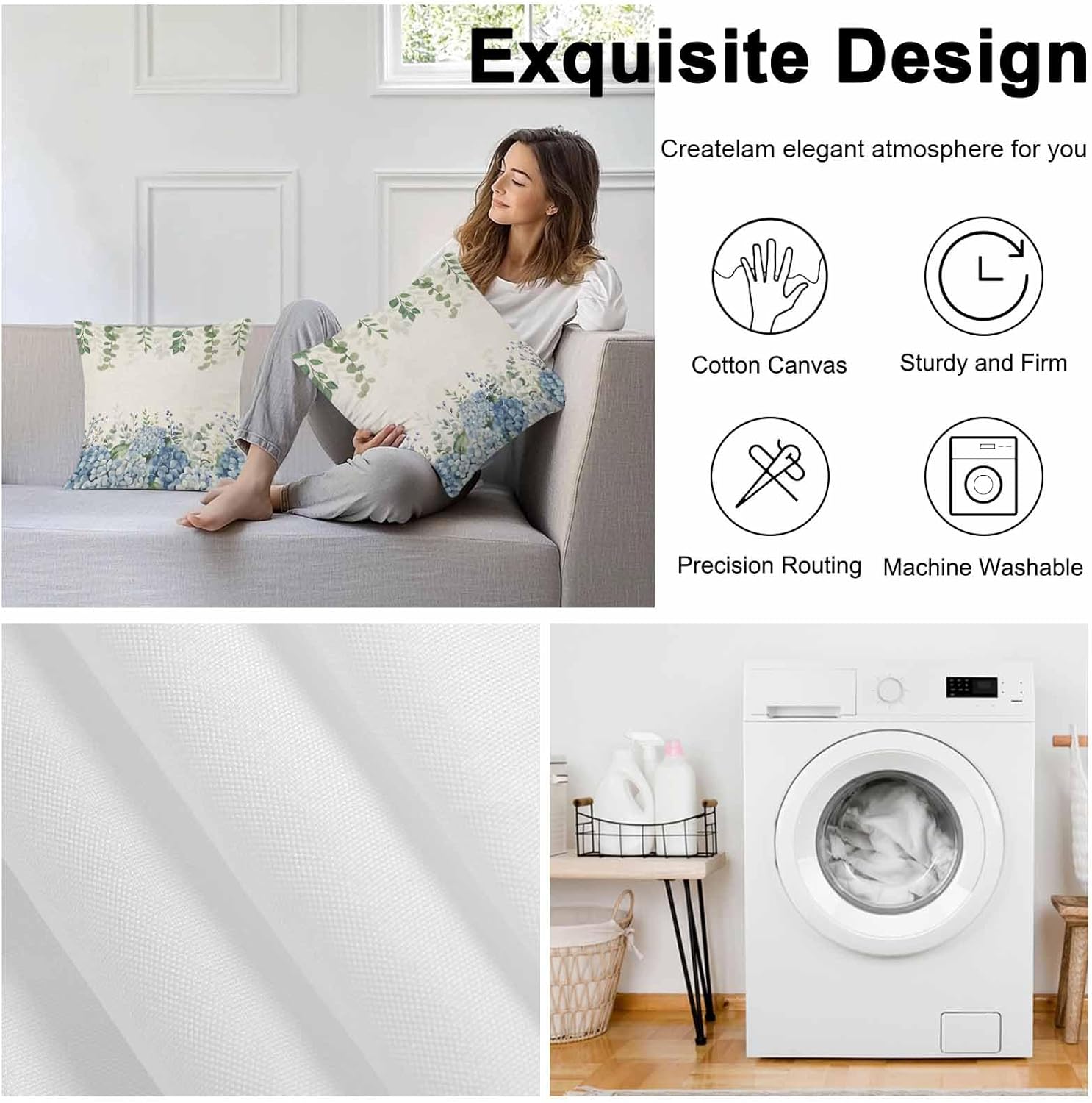 Hydrangea Flower Outdoor Throw Pillow Covers Waterproof Eucalyptus Pillow Cases 16x16in,Green Leaf Retro Linen Decorative Boho Pillow Covers Cushion Cases for Couch Sofa Patio Garden 2 Pack