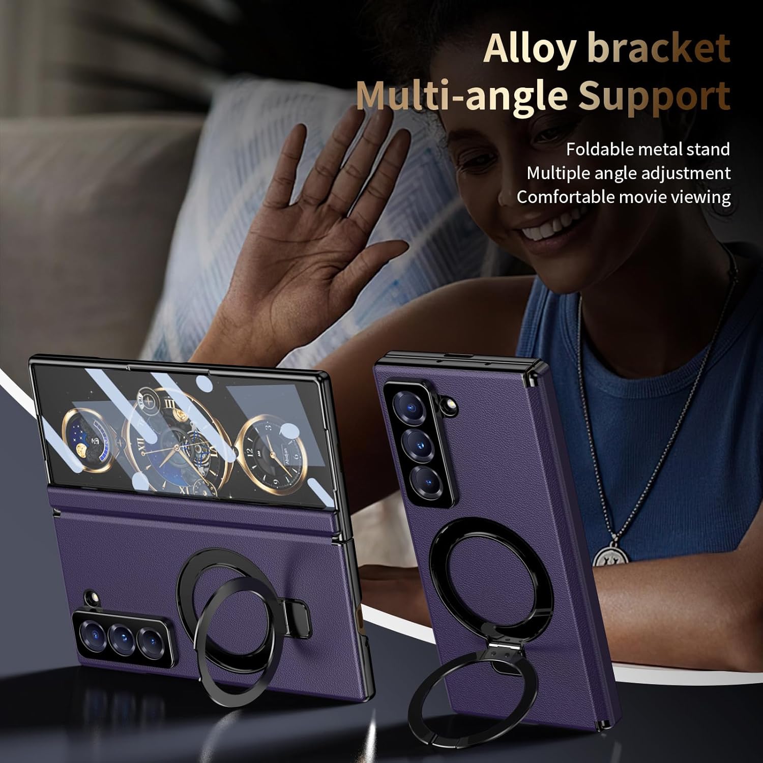 Magnetic Stand for Samsung Galaxy W25/Z Fold Special Case with Ring Holder, Compatible with Magsafe [Hinge Protection][Built in Screen Protector] Leather Full Body Slim Shockproof Cover,Purple