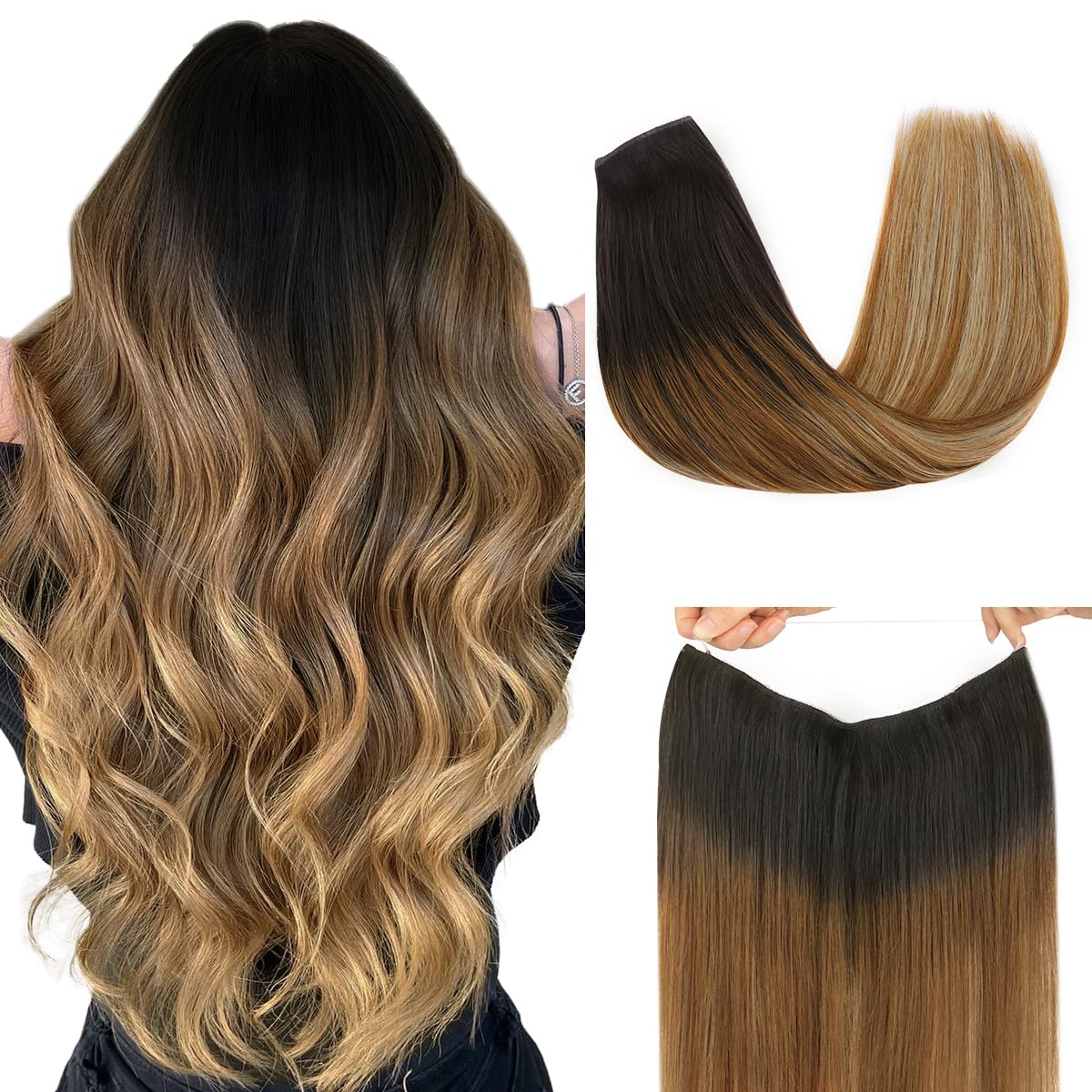 hotbanana Extension Capelli Veri con Filo Invisibile, 30cm 70g Nero Sfumatura da Castano a Biondo Sporco Capelli Umani Remy Lisci, Invisible Wire Hair Extensions, Extension in Capelli Veri