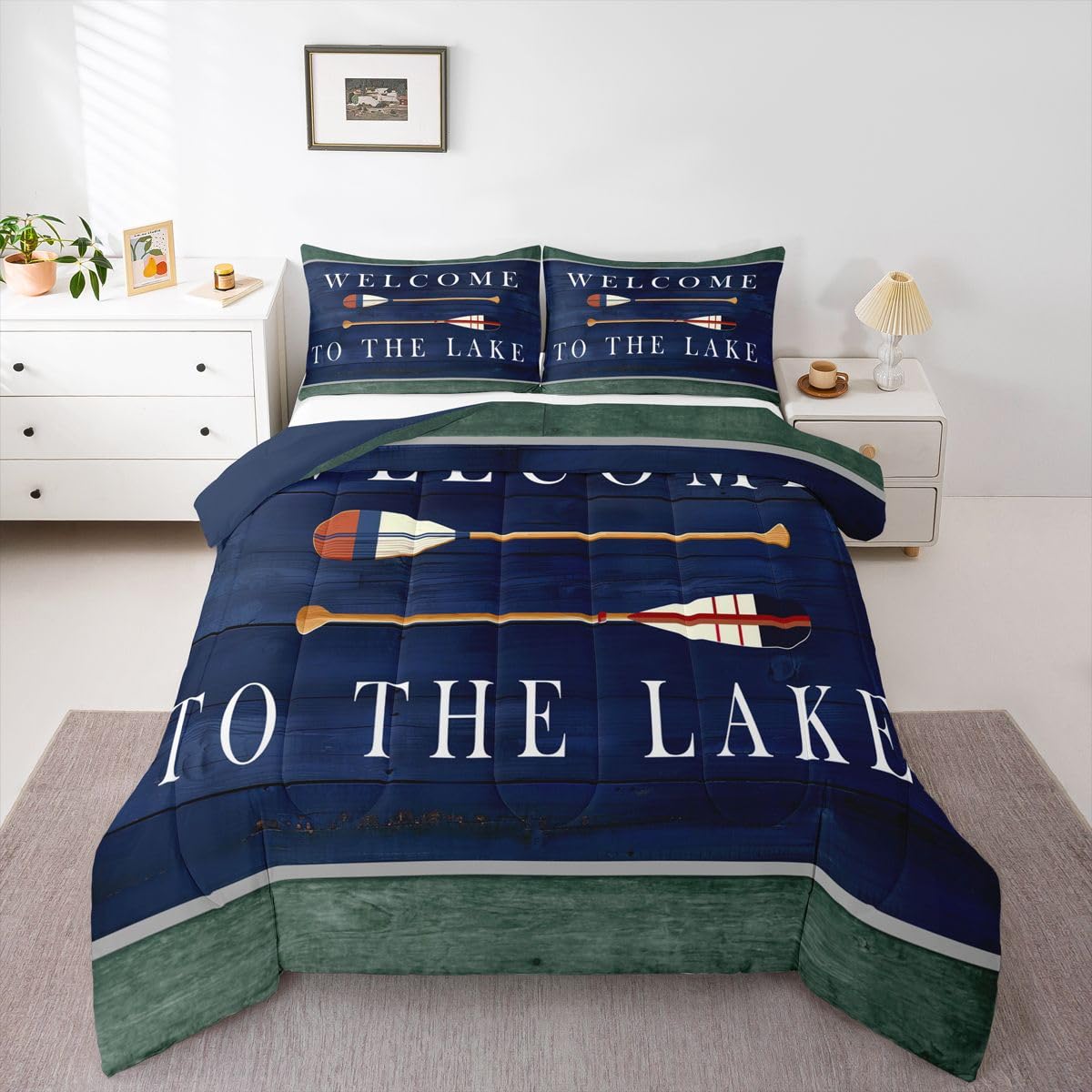 Kids Lake House Comforter Set Full, Retro Paddle Wooden Bedding Sets For Kids Boys Teens Adult,Rustic Farmhouse Duvet Sets Old Barn Lake Paddle Decor
