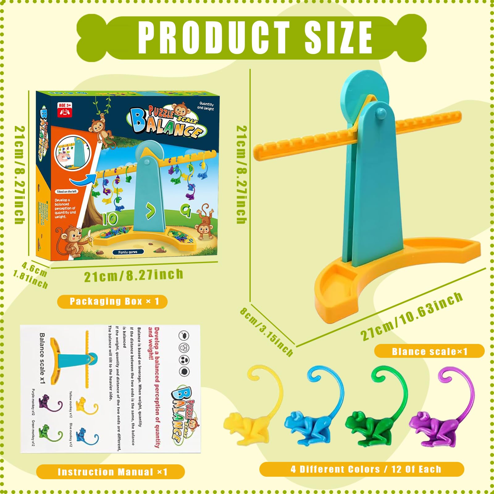 Balanza Matemática De Monos Montessori | Juego Interactivo Para Aprender A Contar Y Sumar | Incluye 48 Monos De Colores | De 3 A 6 Años