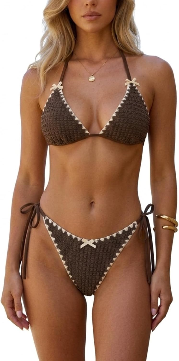 ZAFUL Women's Textured Triangle Bikini Set Contrast Trim Halter Tie Side Cheeky Two Piece Swimsuit