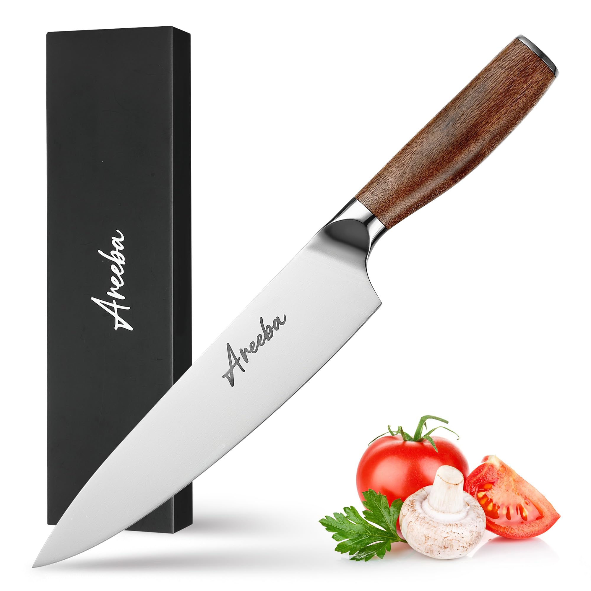 Areeba Chef Knife, Razor Sharp 8 Inch Kitchen Knife with Ebana Wood Handle High Carbon Stainless Steel Professional Cooking Chef's Knives with Gift Box