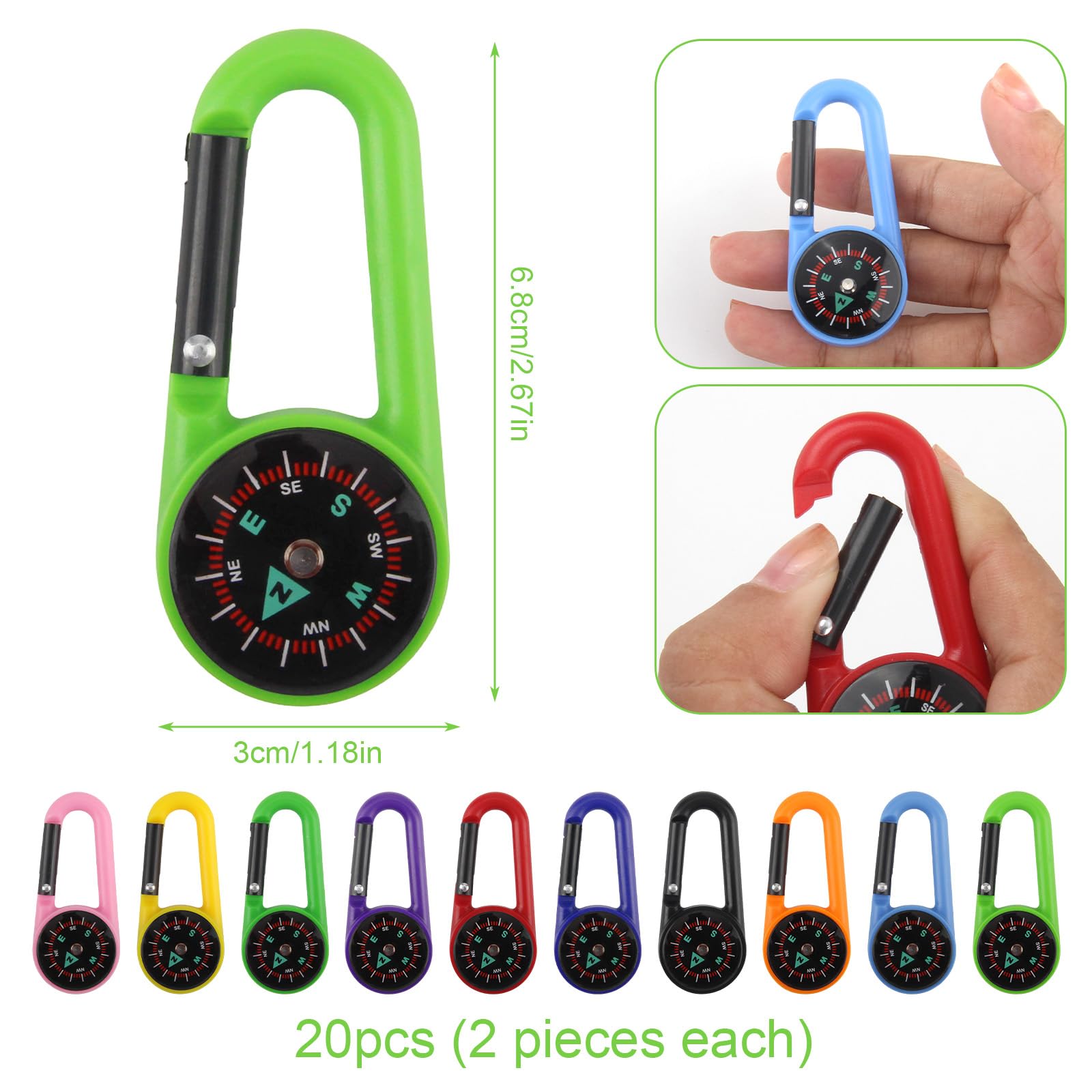 20 Pezzi Bussola Portachiavi, Moschettone Bussola Bambini, Direzione Magnetica, Mini Bussole da Campeggio, Colorata Bussole Navigazione per Mappe, Navigazione, Orienteering, Sopravvivenza, Backpacking