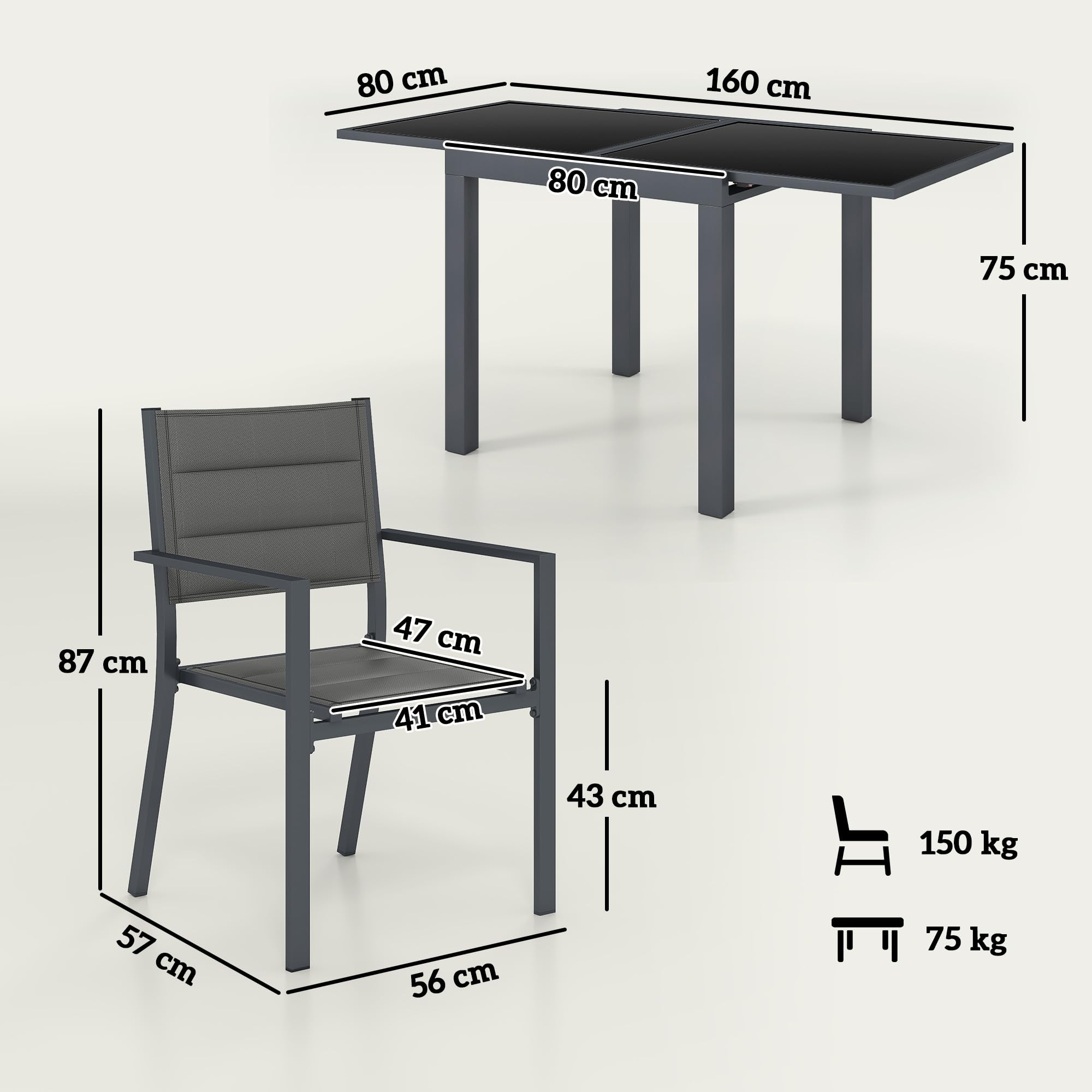 Outsunny Salon de Jardin extérieur en Aluminium et textilène Table Extensible 4 chaises empilables - 4 Personnes - dim. Table 80/160L x 80l x 75H cm Gris