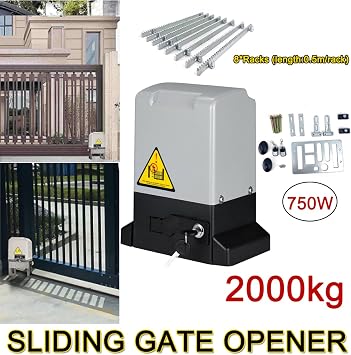 Automatic Sliding Gate Opener Kit, 750W 2000KG Sliding Gate Motor, Electric Rolling Driveway Slide Gate Motor with 2 Remote Controls & 4M Rack, Move Speed 12m Per Min