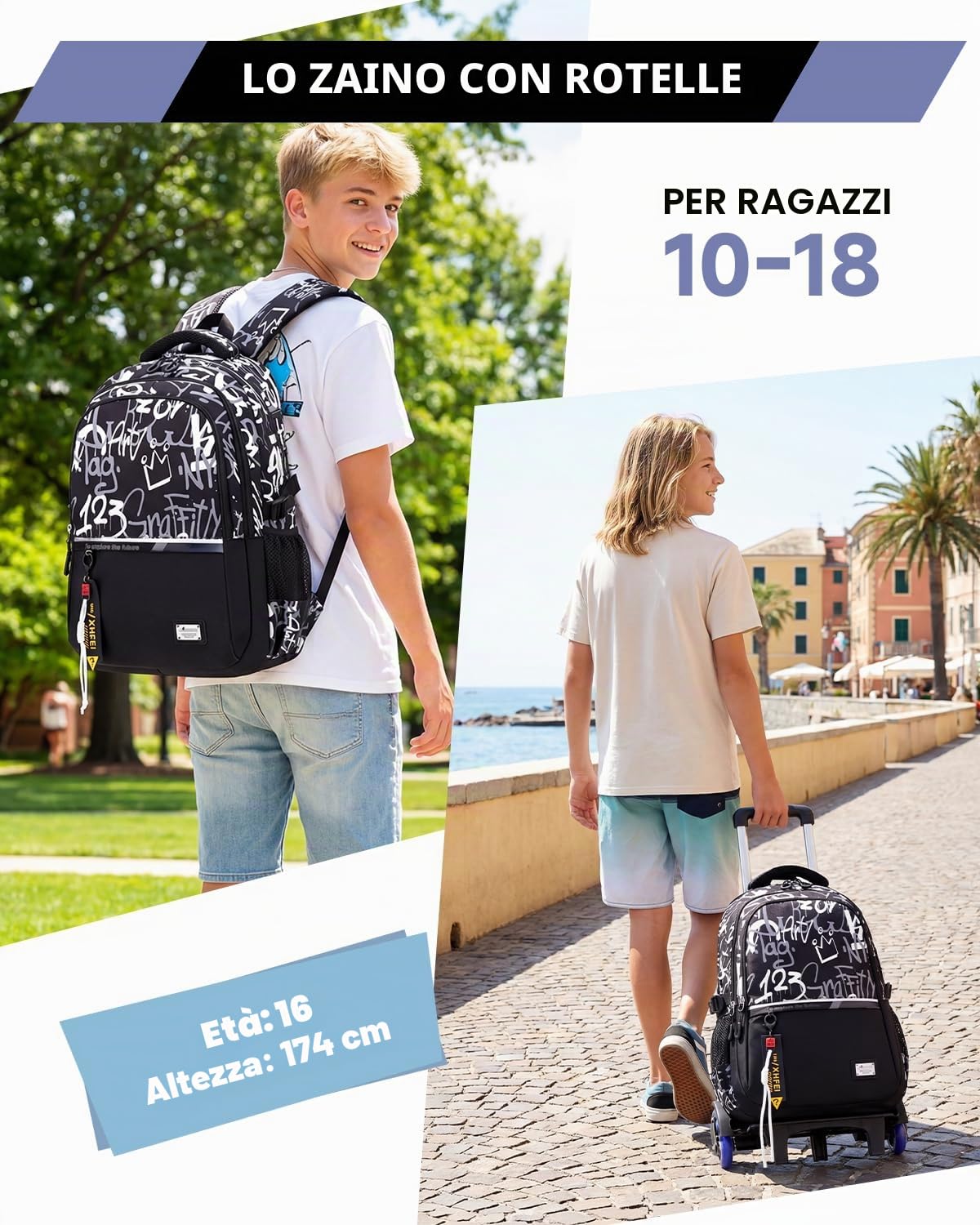 Amythe Zaino Trolley per Ragazzi - Zaino Scuola Adolescenti con Carrello Rimovibile Impermeabile per Laptop 15,6 Pollici, Zaini Nero con Rotelle per Scuola Media Superiore, 6 Ruote