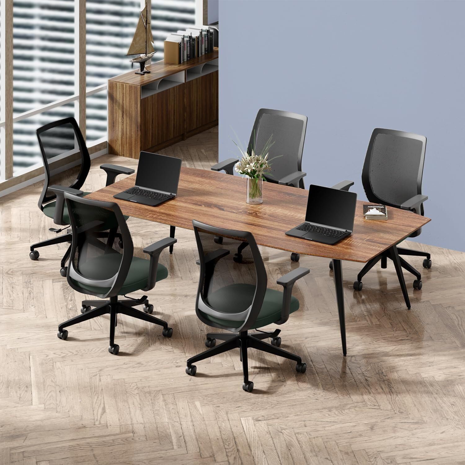 Interio by Godrej Curv Premium Mesh Wide Back Ergonomic Chair | Work from Home/Study Chair | 1 Year Warranty, Height Adjustable | Heavy Duty PP Base | DIY Installation, Set of 5, Earthstone