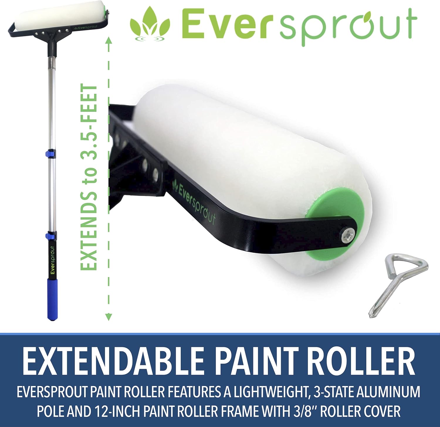 EVERSPROUT 1.5-to-3.5 Foot Paint Roller Kit (8-10 Ft Standing Reach) | Extra Wide 12-inch Roller Frame, Extension Pole, 3/8'' Poly-Wool Roller Cover for Indoor/Outdoor | All Paint Types - - 
