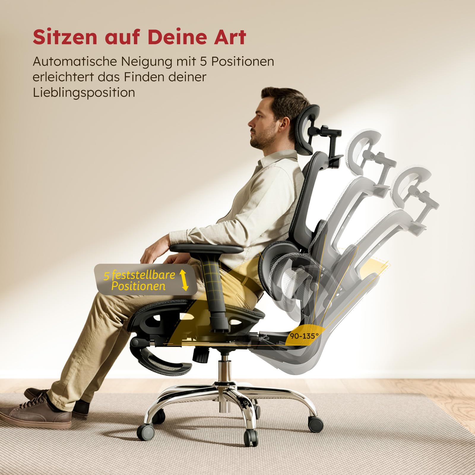 Ergonomischer Bürostuhl Voll-Mesh 150kg mit Fußstütze, Schreibtischstuhl mit Abnehmbarem Kissen, Selbstanpassende Lendenstütze, Höhenverstellbarer Rückenlehne, Kopfstütze, PU-Rolle 360°, Schwarz