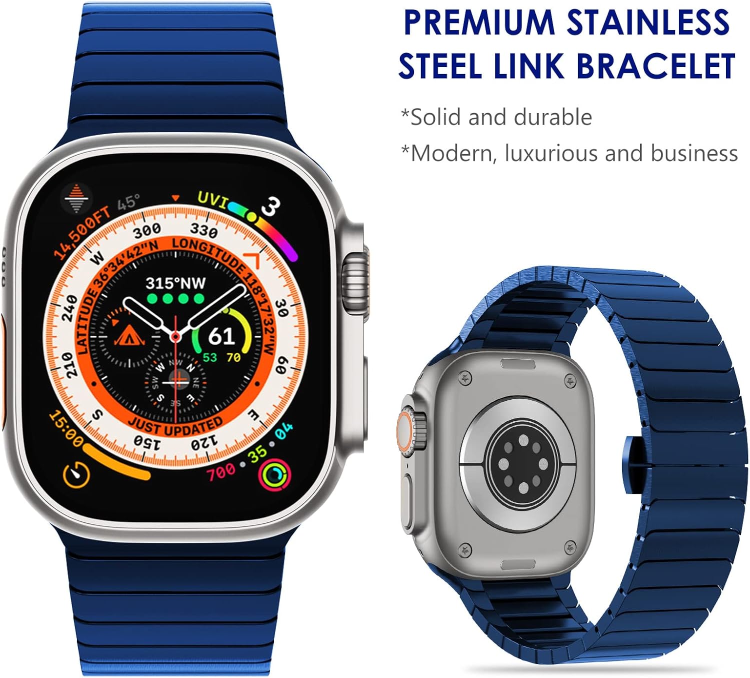 WINGLE Compatible for Apple Watch Band Ultra 3/2/1 Band 49mm Series 11 10 46mm 45mm 44mm 42mm SE 3/2/1 Series 9 8 7 6 5 4 3 2 1 Men, Stainless Steel Classy Business Metal iWatch Bands Bracelet, Blue