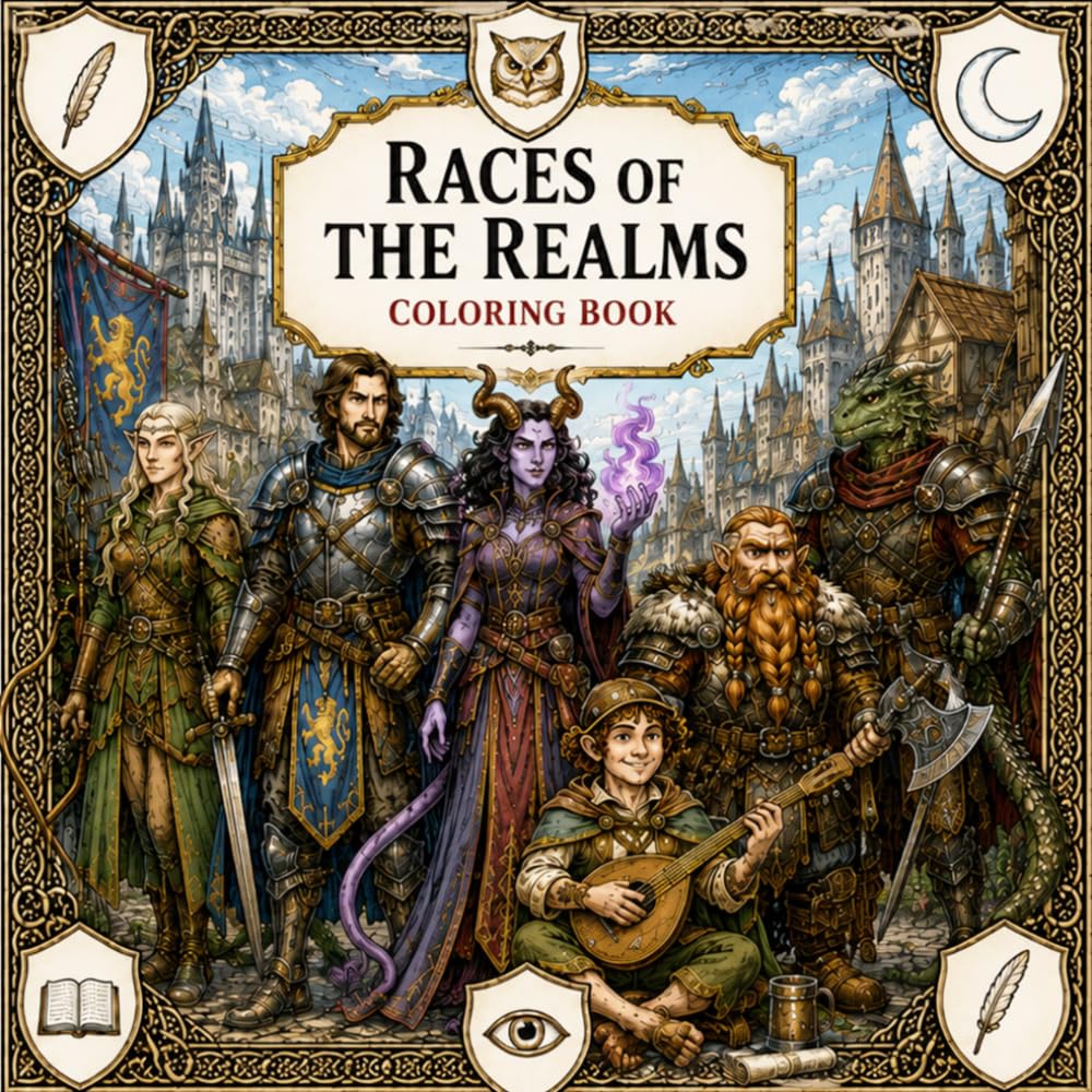 Races of the Realm coloring book: 32 Intricate Illustrations of Fantasy RPG Races for Adults — Elves, Dwarves, Orcs, and Beyond (Coloring Books for the Black Hearted)