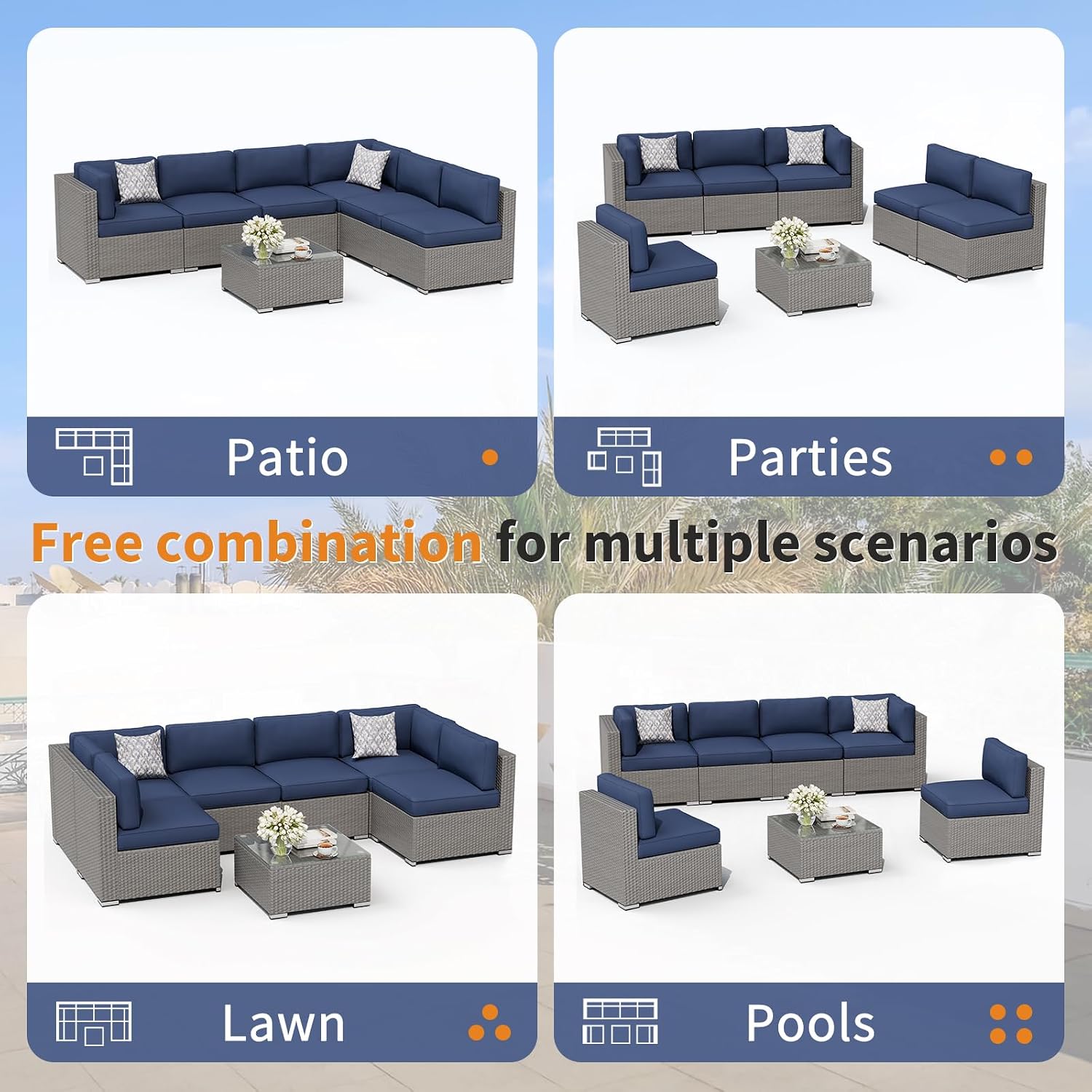 Oakcloud 7-Piece Outdoor Patio Furniture Set Grey Rattan Wicker Sectional Sofa Conversation Sets with Cushions and Glass Top Table (Dark Blue)