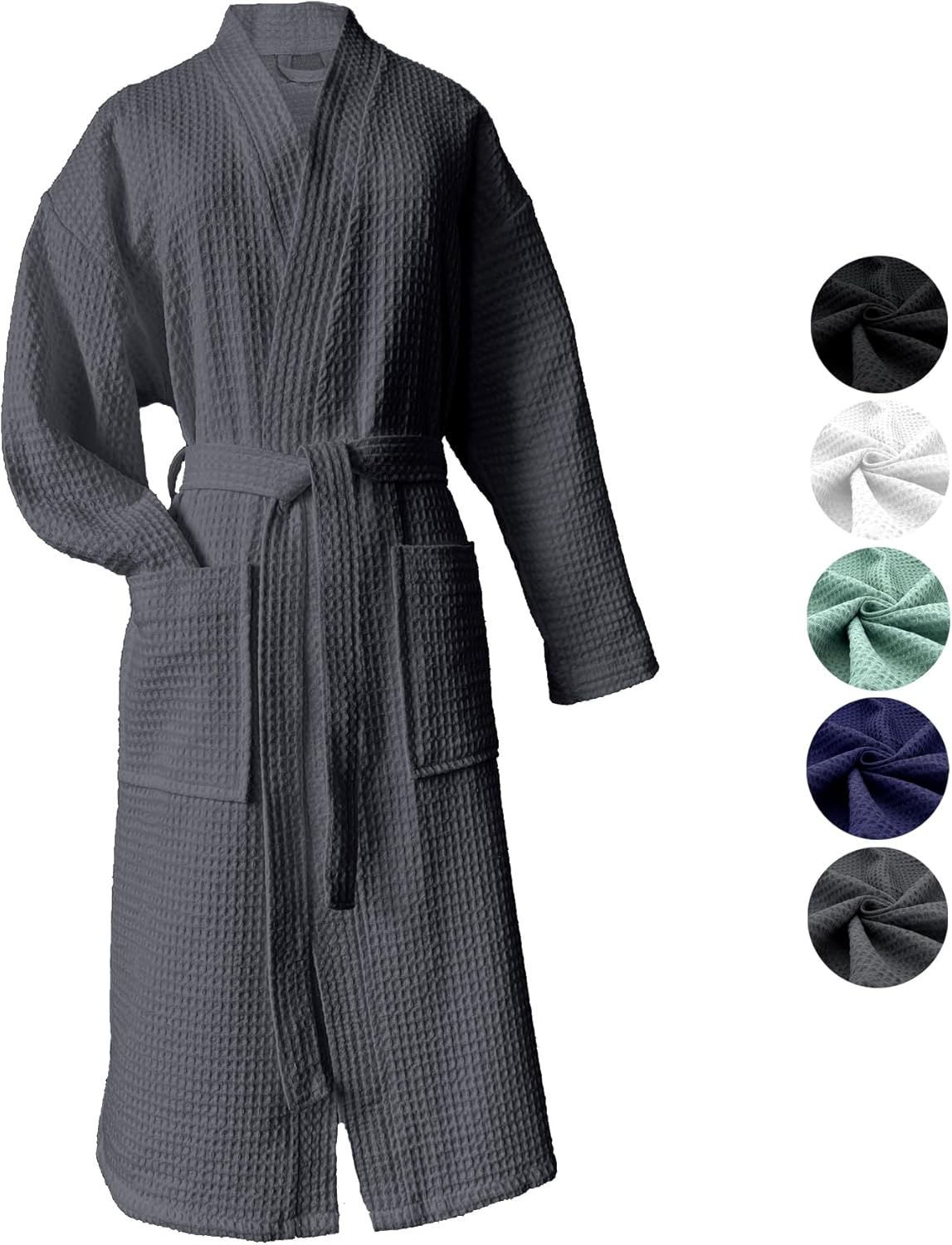 flintronic Wafelochtendjassen, uniseks, wafelkimono, badjas, ochtendjas, lange badjas van katoen, lichte badjas voor spa, hotel, loungewear, nachtkleding, alle seizoenen, Grijs, L