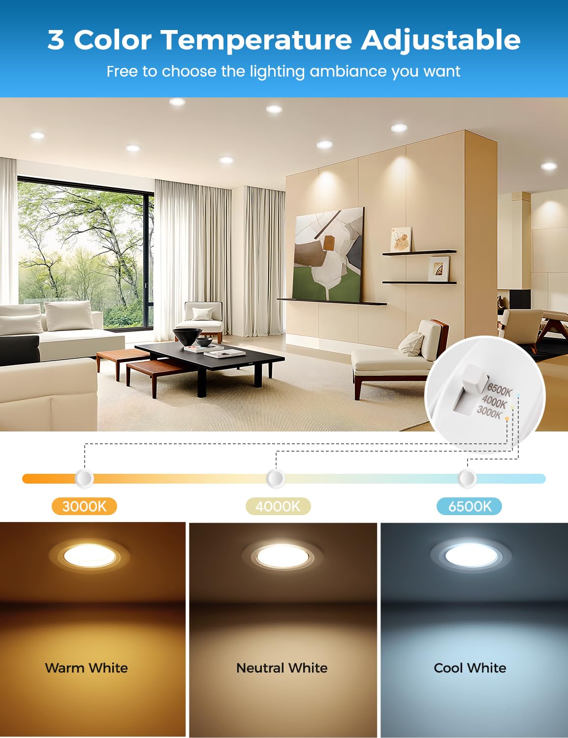 Spots LED Encastrables Orientable, 7W 650LM Spots de Plafond Extra Plat Encastré Blanc Chaud 3000K Blanc Neutre 4000K Blanc Froid 6500K,IP44 Spot Pour Salle de Bain,Trou Φ85-100mm, Lot de 6
