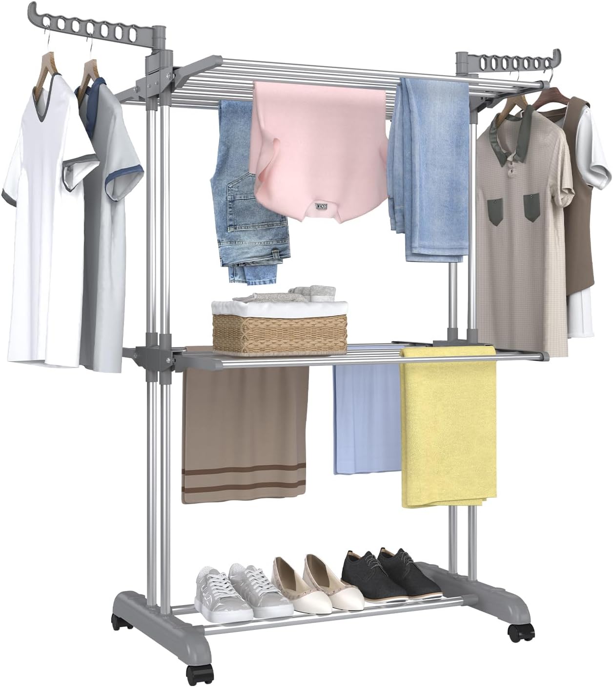Bigzzia 3 Tier Clothes Drying Rack, 57 Inch Laundry Drying Rack, Foldable Stainless Steel Kids Clothing Rack, Movable Laundry Rack for Indoor Outdoor - Grey Gray 3 Tier